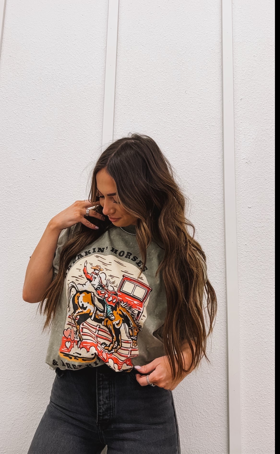 Breakin’ Horses & Breakin Hearts Valentines Tee (Adult)(Stone Wash Green)