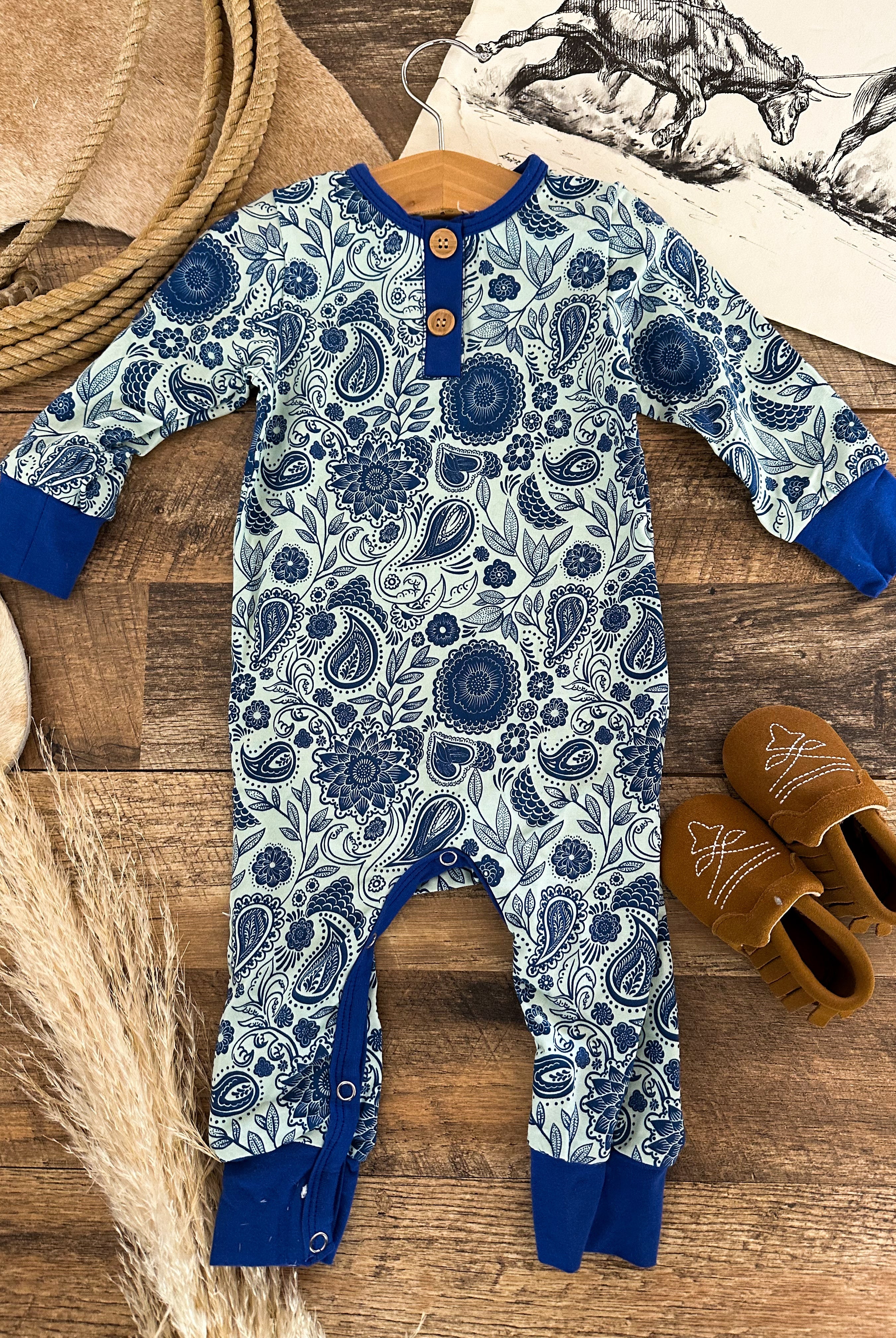 Blue Paisley Button Romper