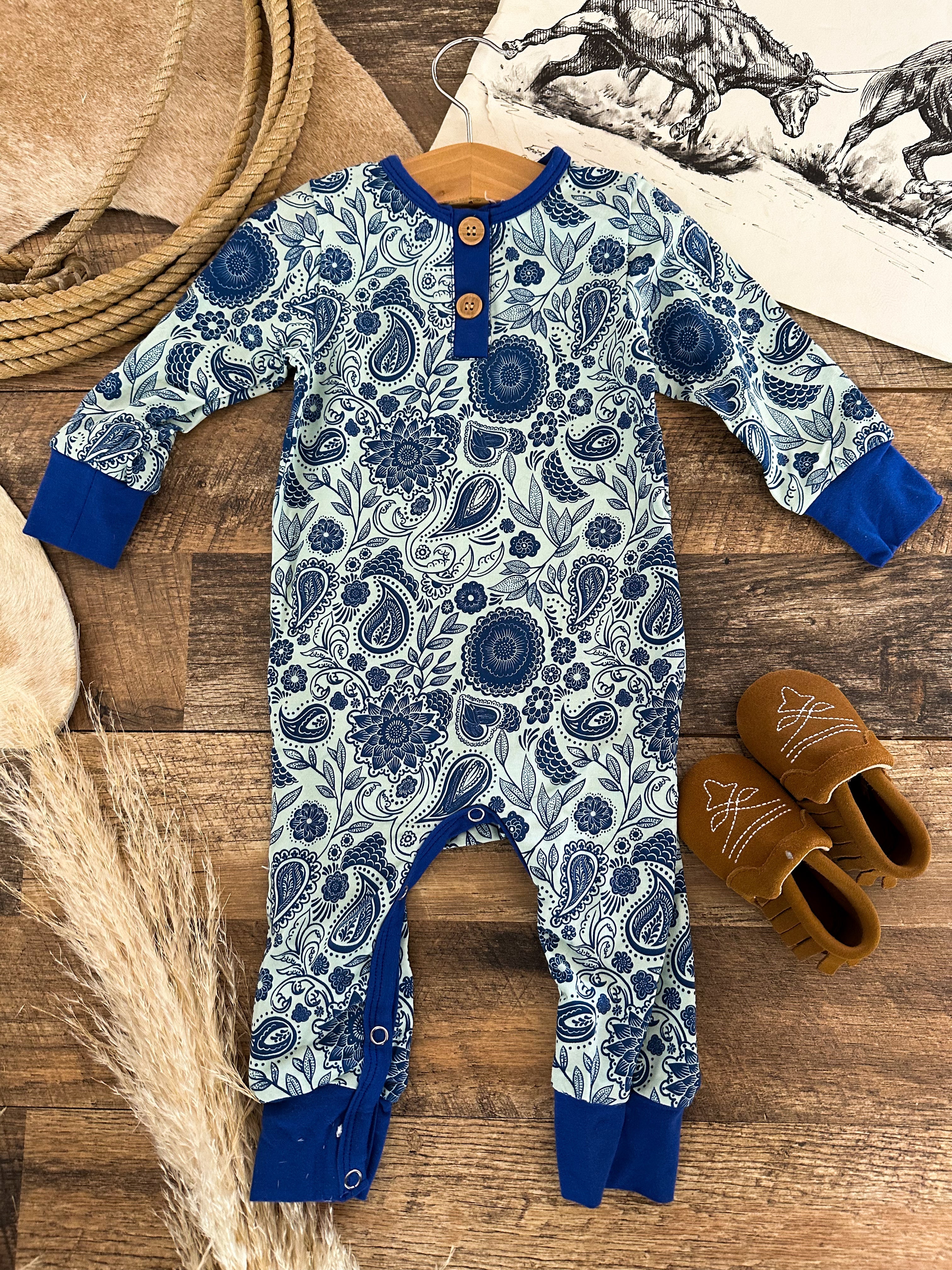 Blue Paisley Button Romper