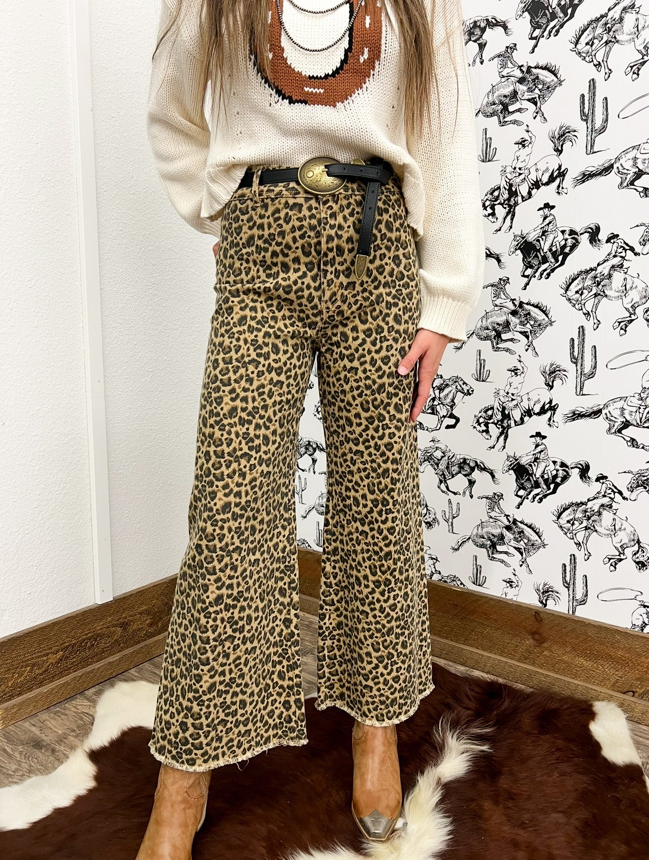 Leopard Mid Rise Wide Leg Denim (1042)