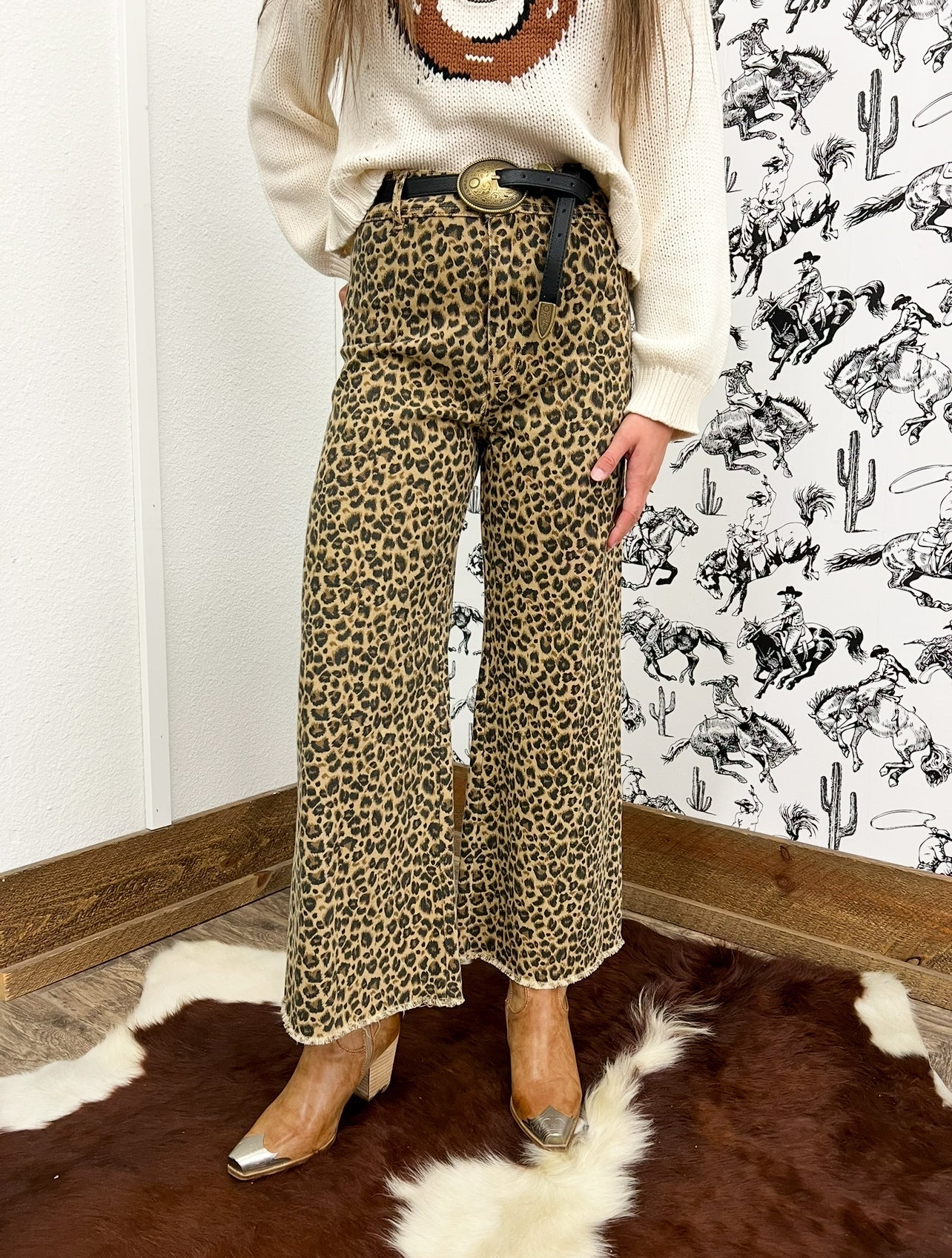 Leopard Mid Rise Wide Leg Denim (1042)
