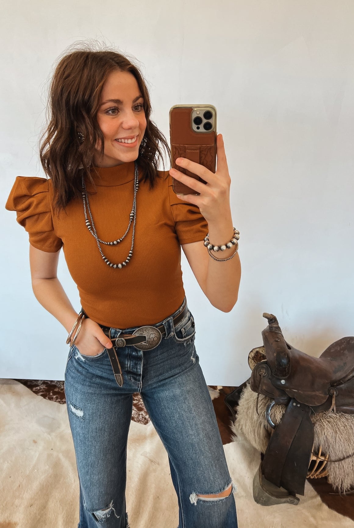 Darlin Puff Sleeve Bodysuit (Camel)