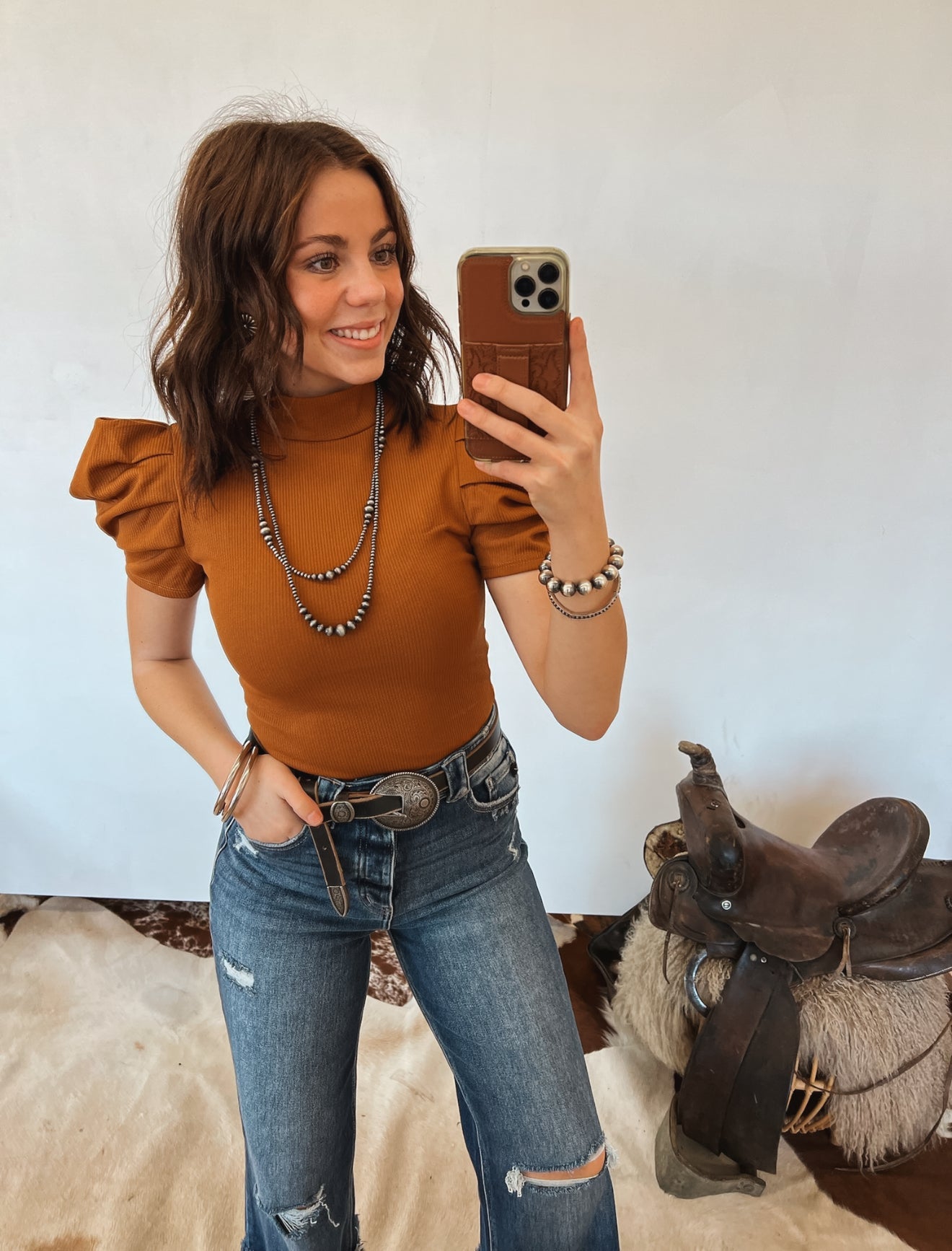 Darlin Puff Sleeve Bodysuit (Camel)