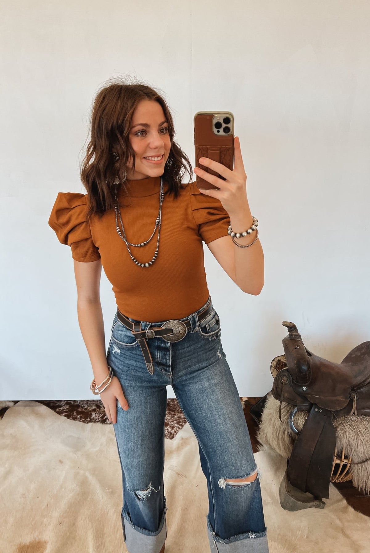 Darlin Puff Sleeve Bodysuit (Camel)