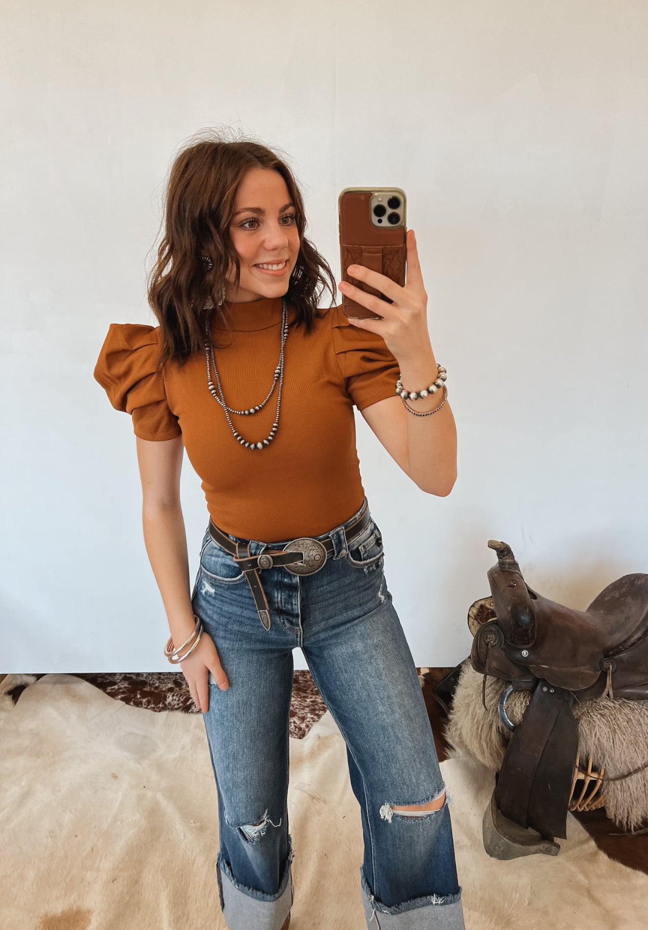 Darlin Puff Sleeve Bodysuit (Camel)