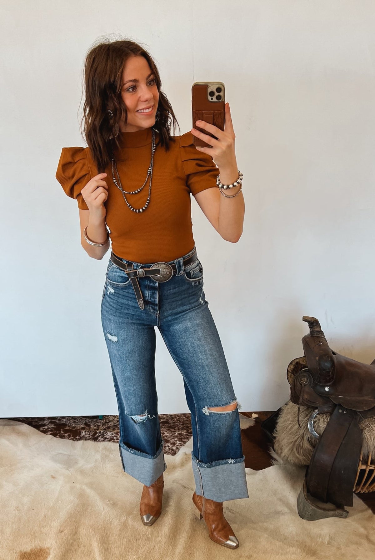 Darlin Puff Sleeve Bodysuit (Camel)