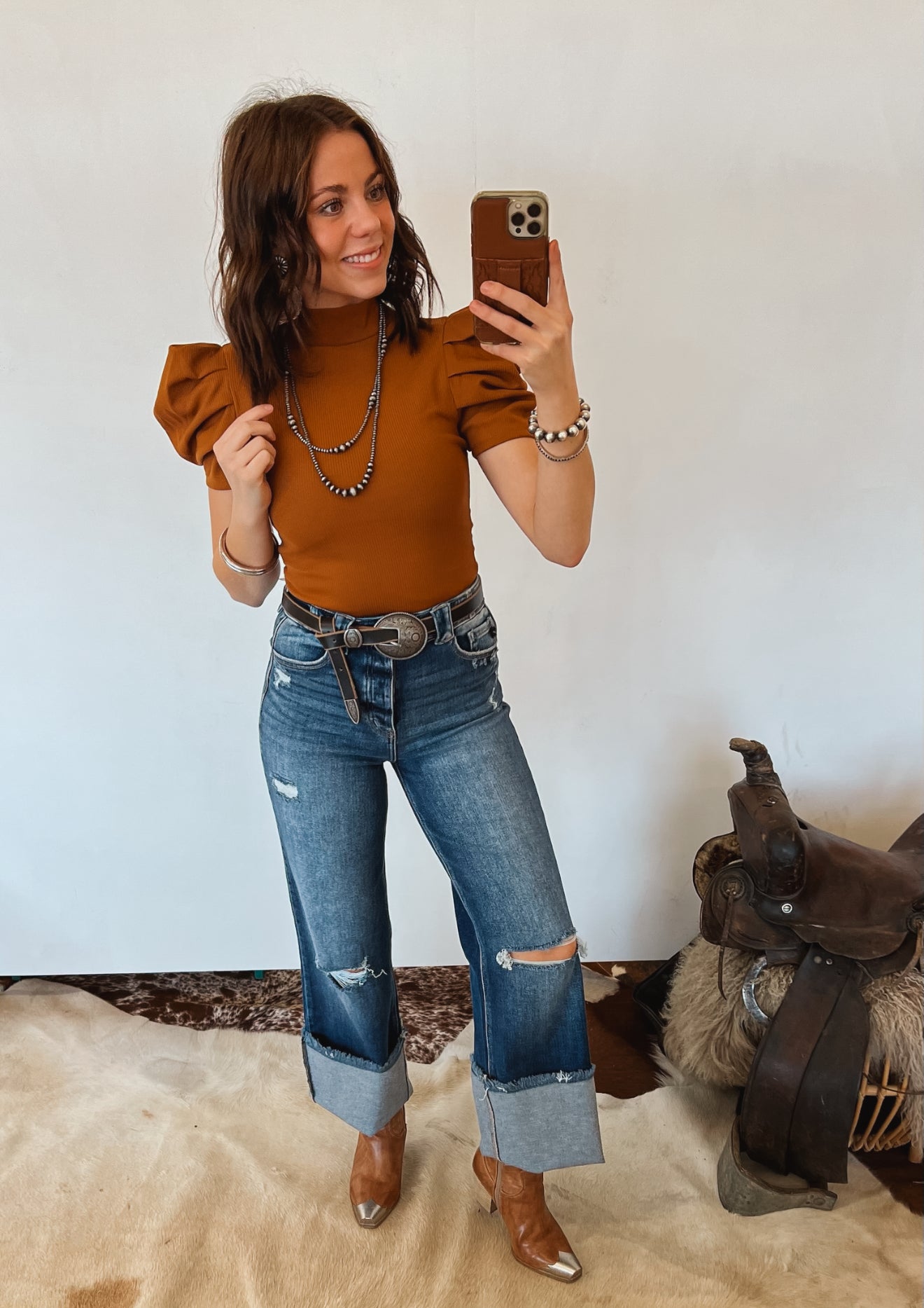 Darlin Puff Sleeve Bodysuit (Camel)