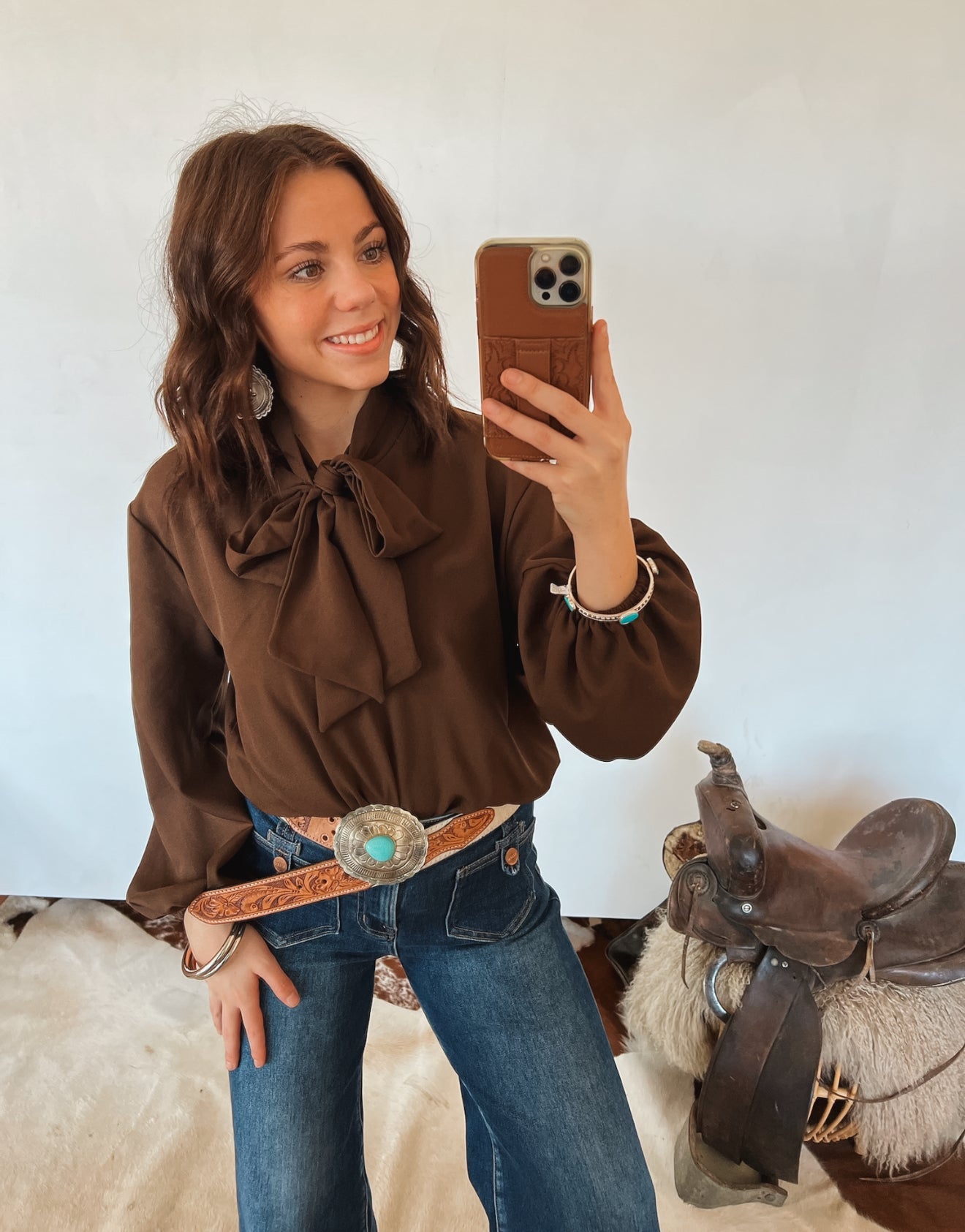 Howdy Front Tie Blouse (Brown)