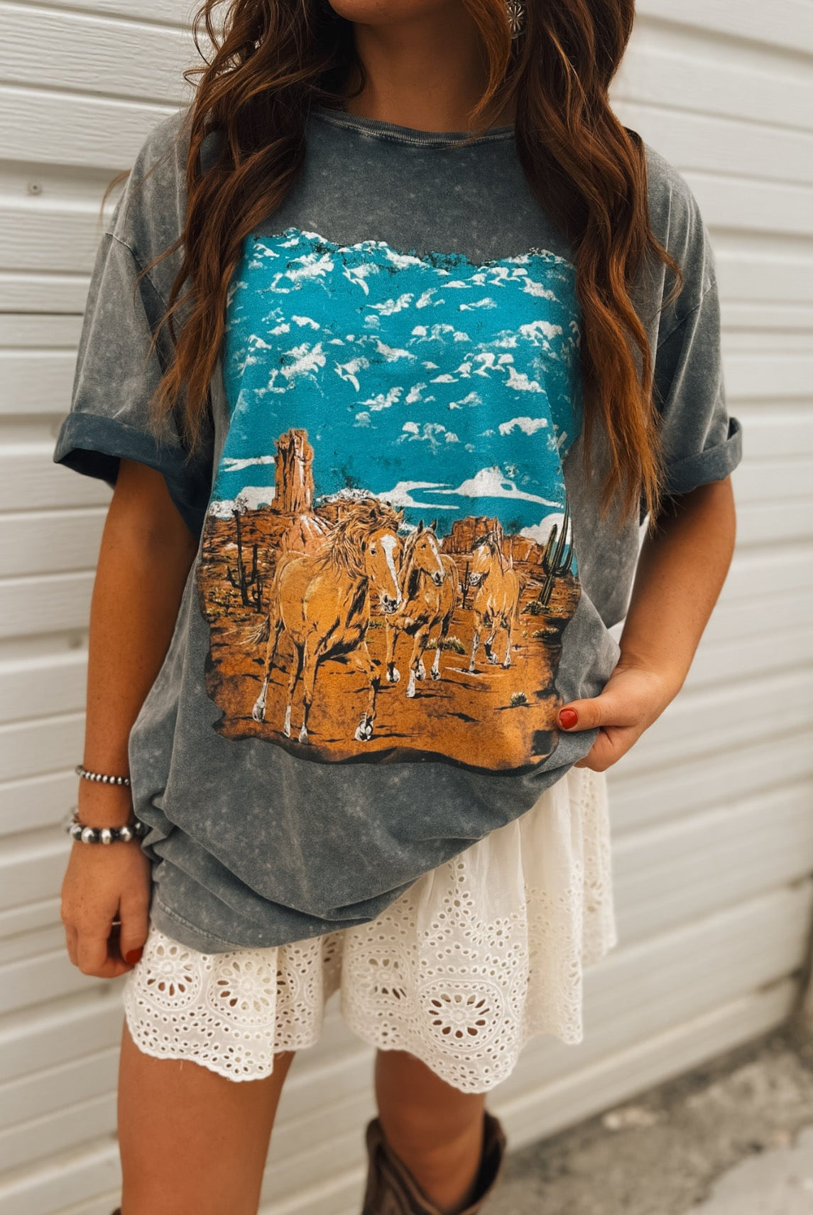 Desert Mustangs Faded Tee- Denim