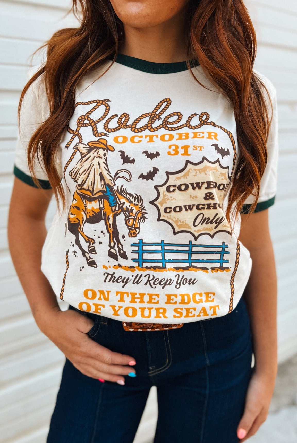 Cowboos &Cowghouls – Halloween Rodeo Ringer Tee(hunter green)