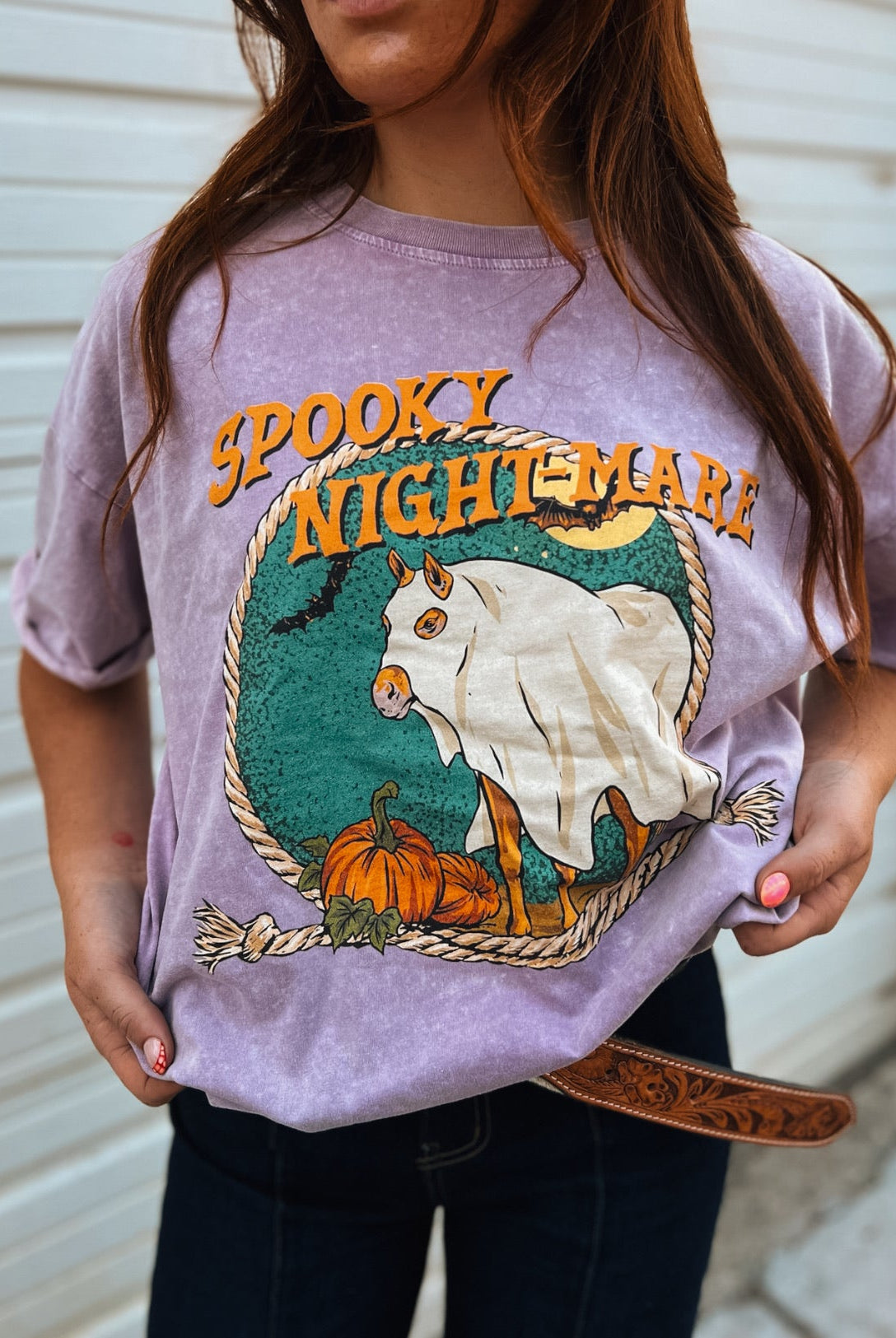 Spooky Nightmare – Halloween Horse Tee (Purple Acid Wash)