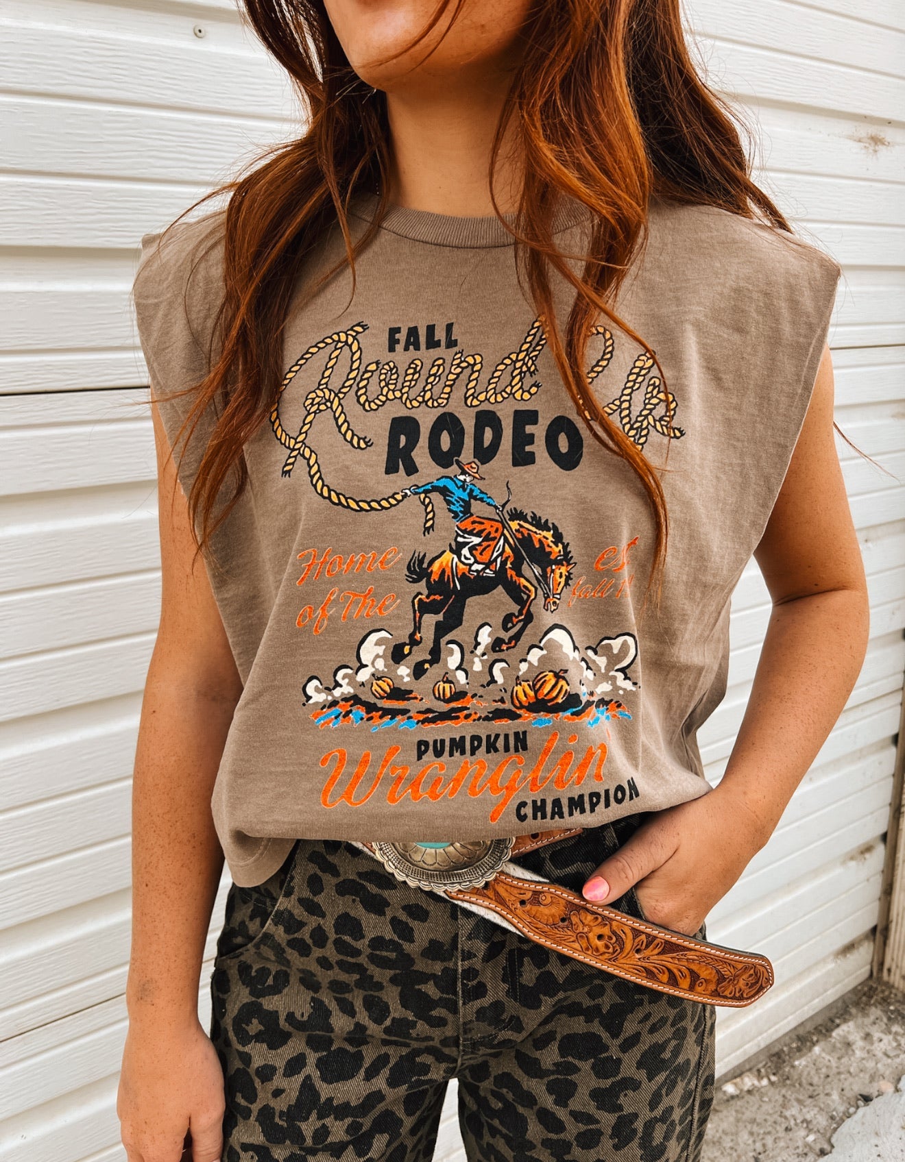 Fall Round Up Rodeo – Pumpkin Wranglin’ Muscle Tank(Faded Brown)