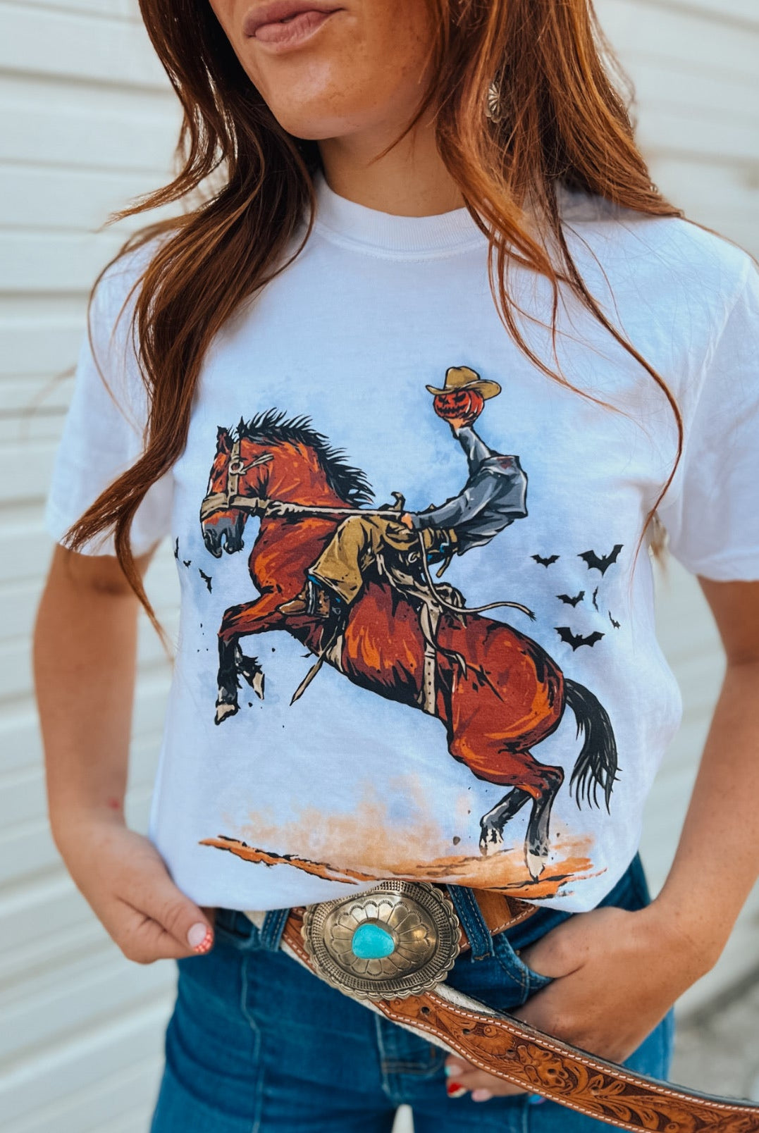 Haunted Bronc – Headless Horseman Halloween Tee(White)