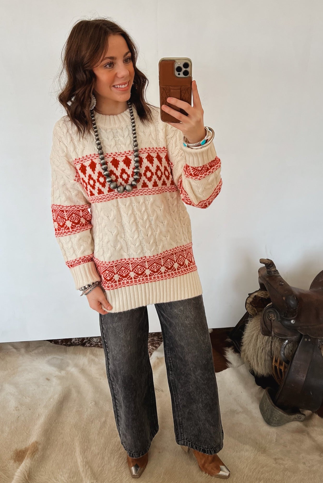 Forever And Always Aztec Sweater (White/Red) Tops - Sweaters