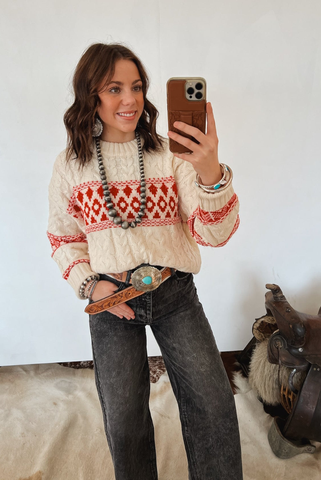 Forever And Always Aztec Sweater (White/Red) Tops - Sweaters