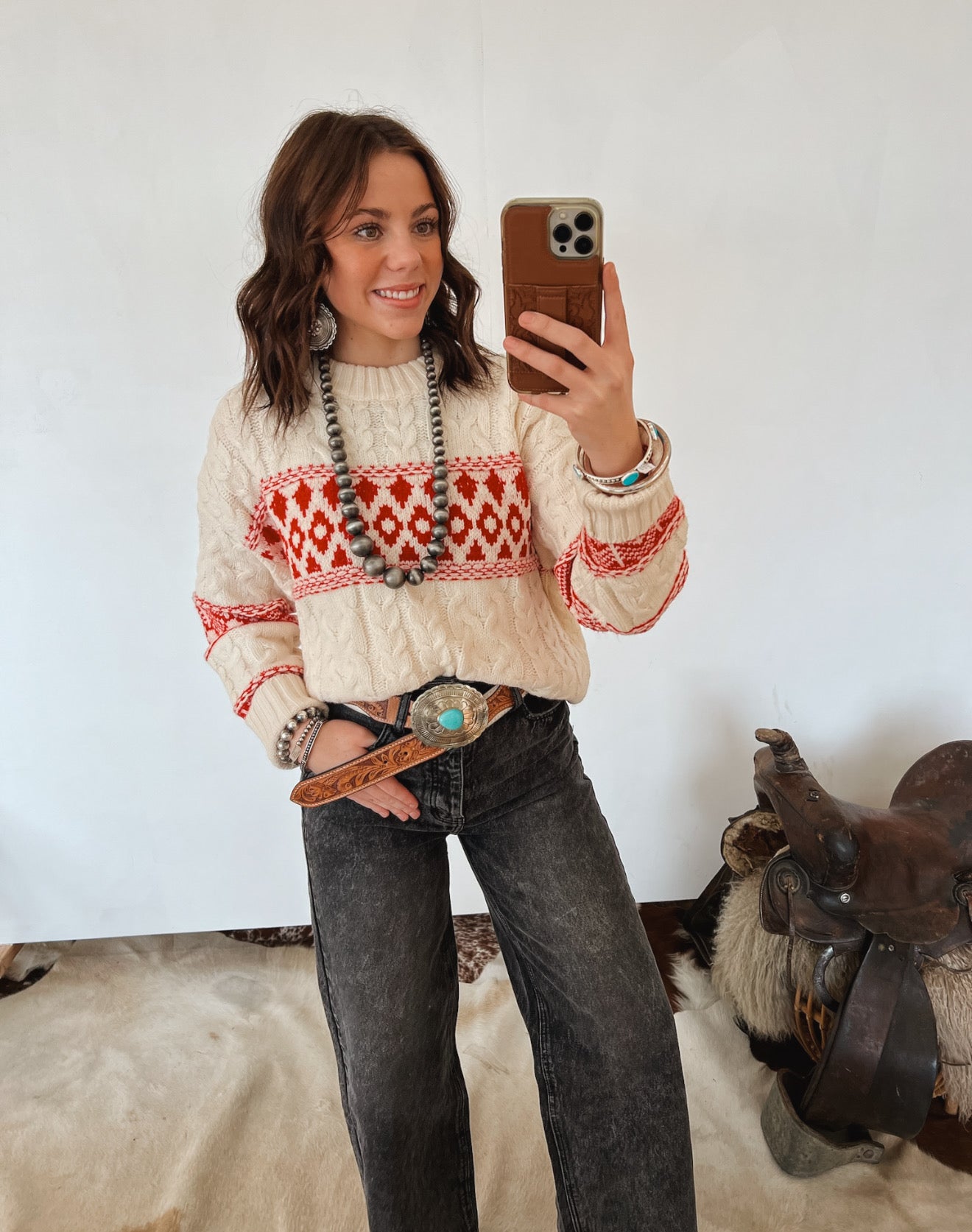 Forever And Always Aztec Sweater (White/Red) Tops - Sweaters