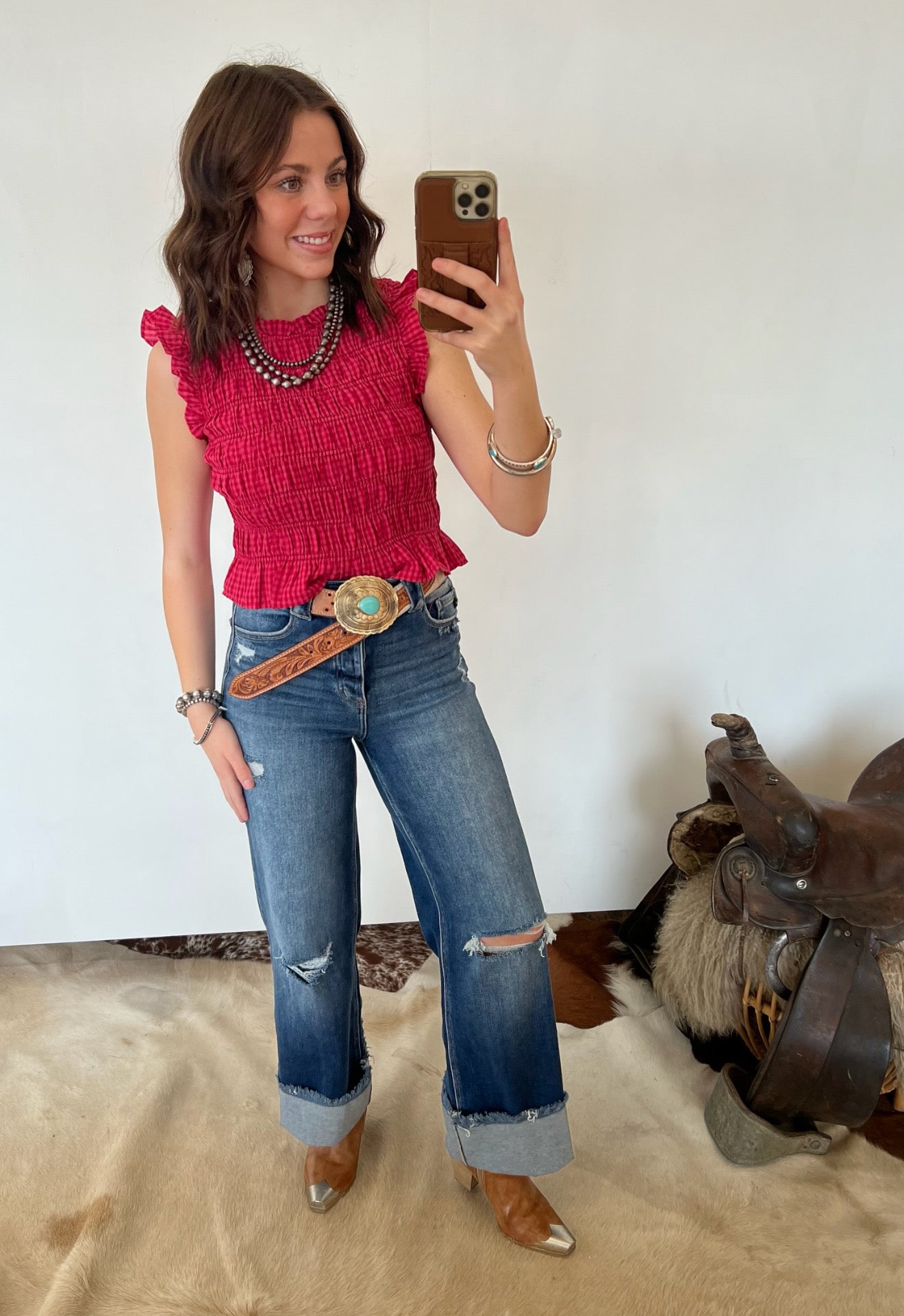 Lovely Gingham Smocked Cropped Tank Top