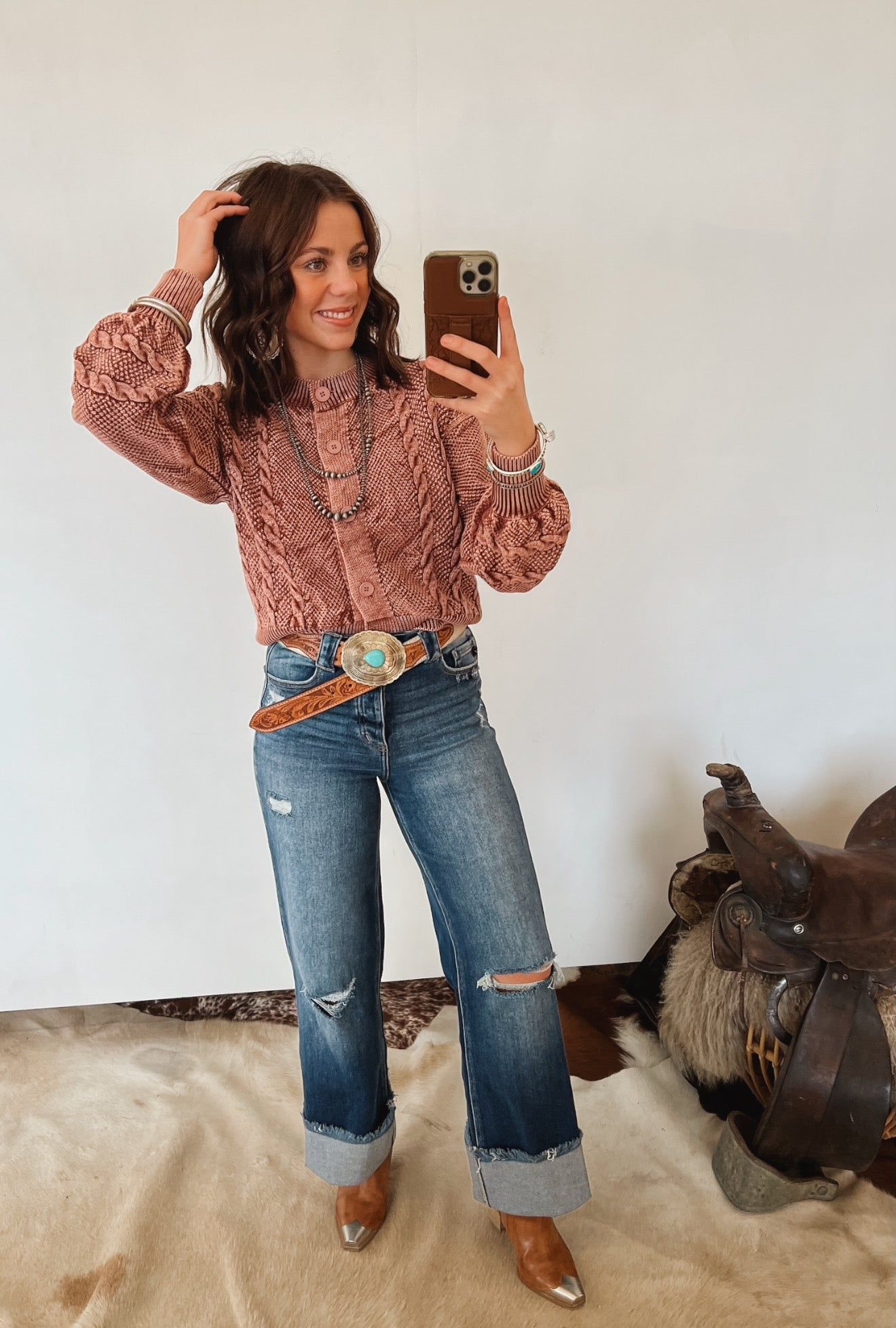 Western Washed Knit Cardigan Tops - Sweaters