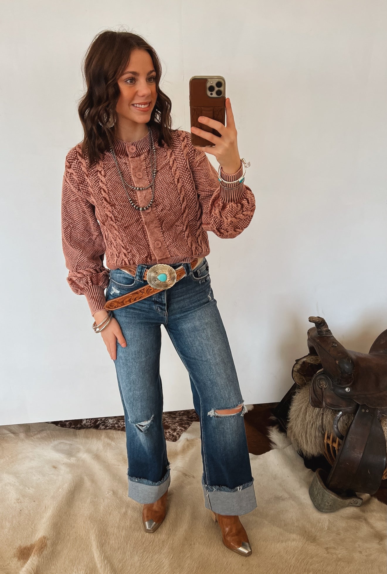 Western Washed Knit Cardigan Tops - Sweaters