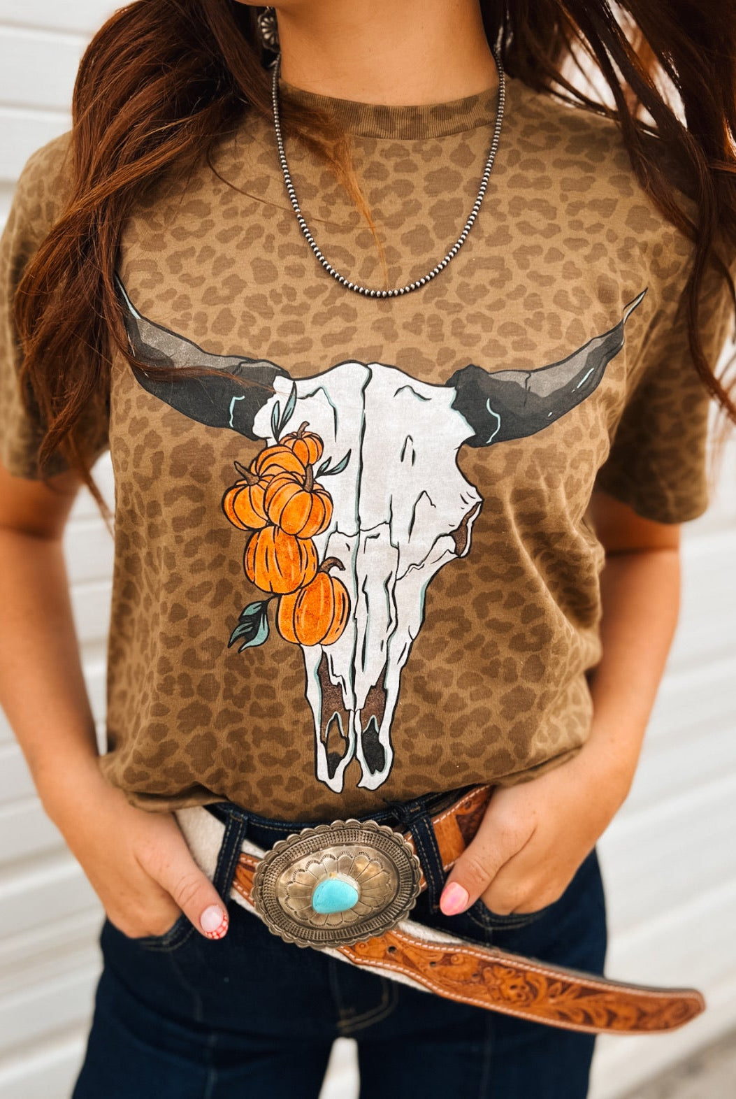 Pumpkin Bullskull – Leopard Western Graphic Tee(Leopard)