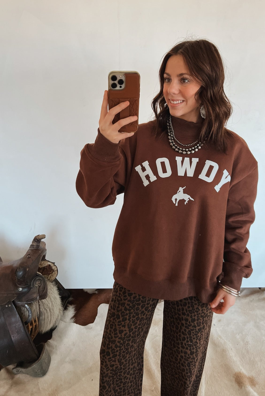 Howdy Bronc Oversized Mock Neck (Brown)