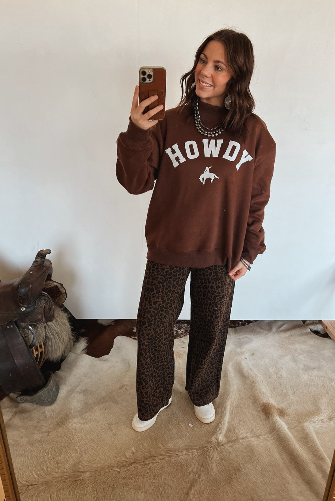 Howdy Bronc Oversized Mock Neck (Brown)
