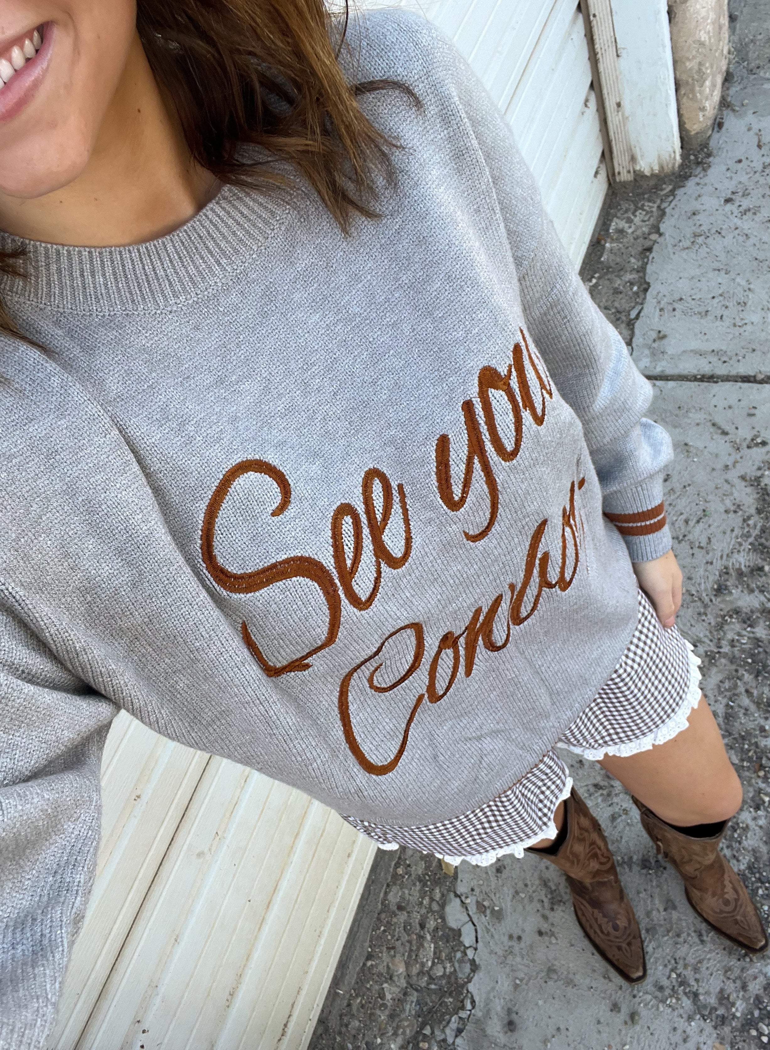 See You Cowboy Sweater (Grey) Tops - Sweaters