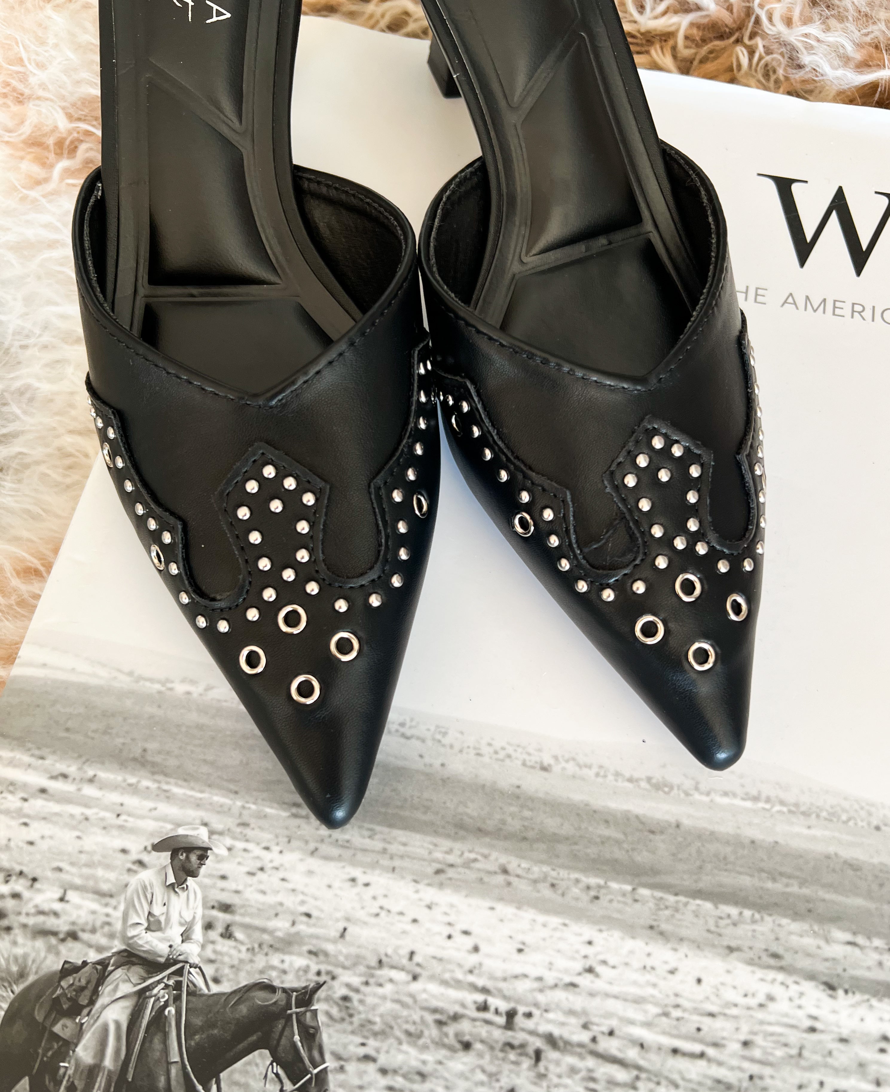 Western Lady Pointed Toe Mule Heels (Black)