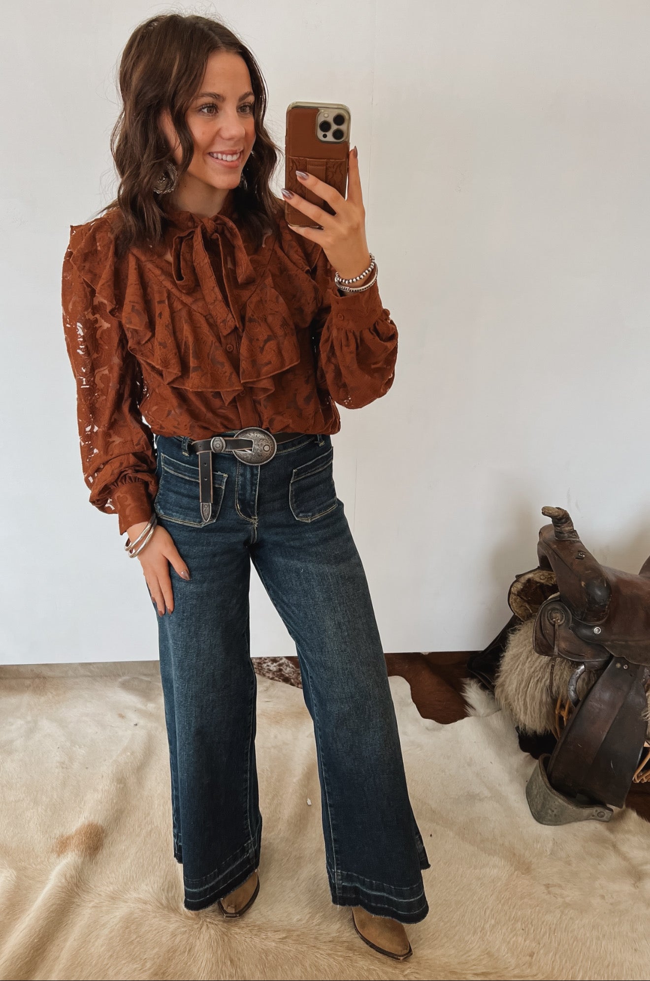 We Owned The Ruffle Lace Blouse (Brown)