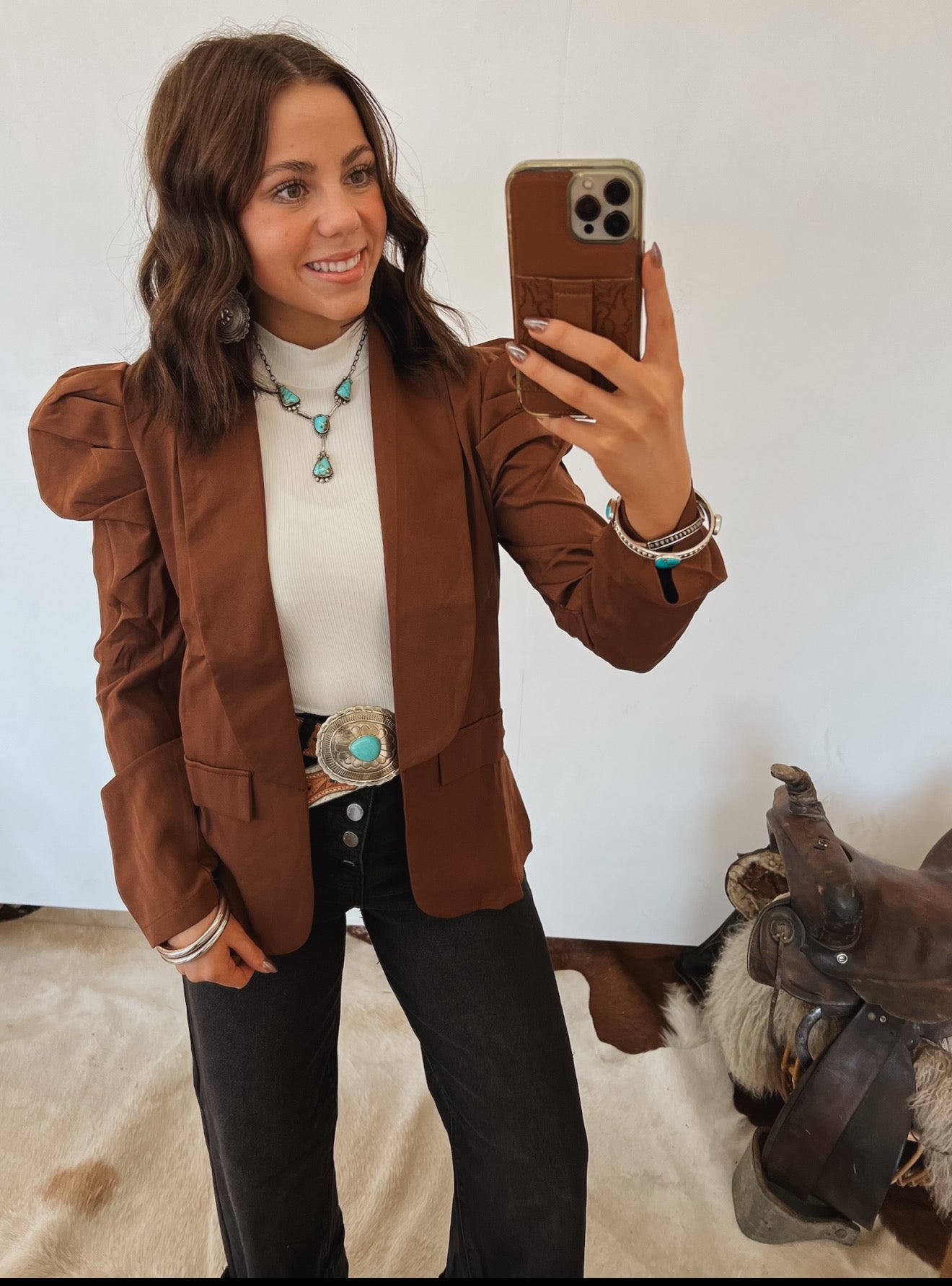 Horse of the West Puff Sleeve Blazer (Cognac)
