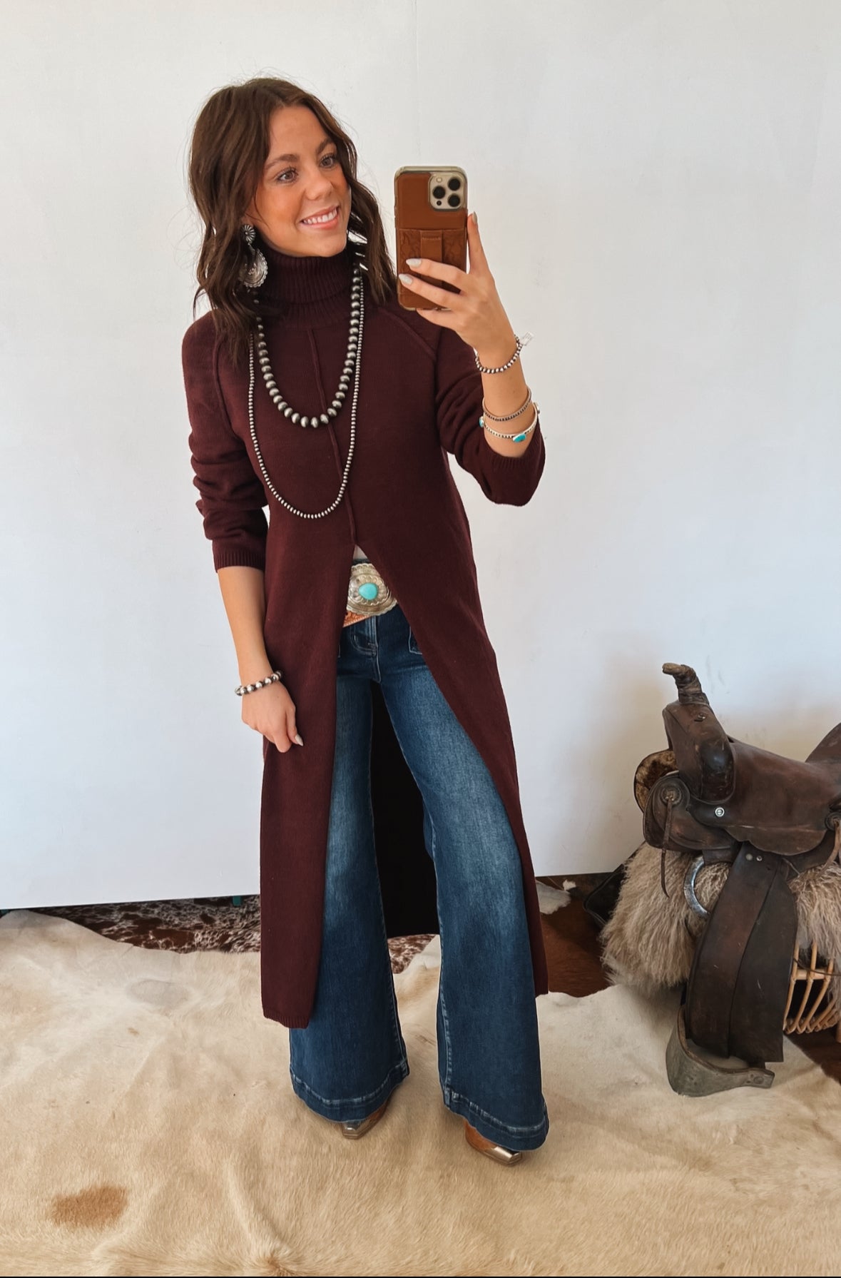 Turtle Neck Sweater Dress With Slit (Merlot) Tops - Sweaters