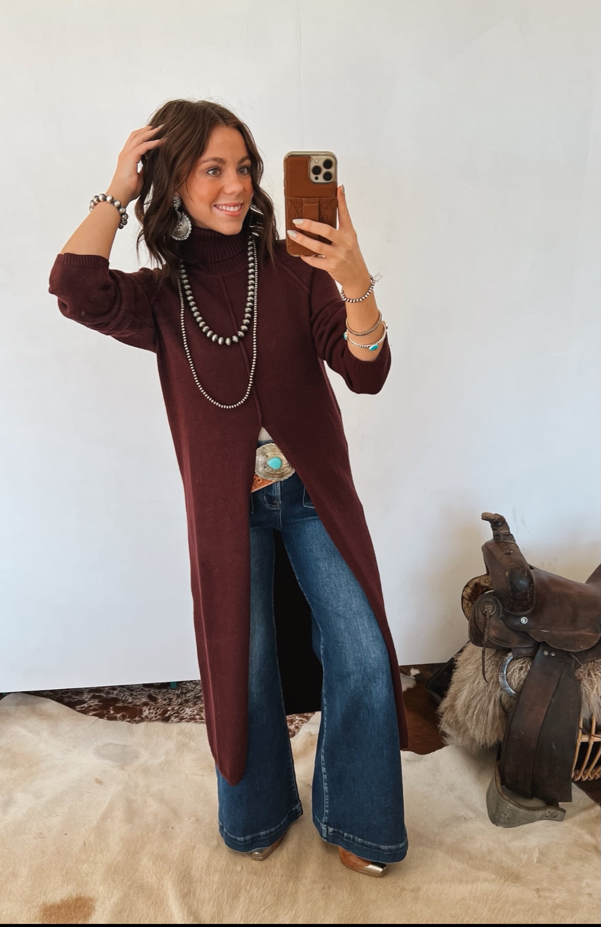 Turtle Neck Sweater Dress With Slit (Merlot) Tops - Sweaters