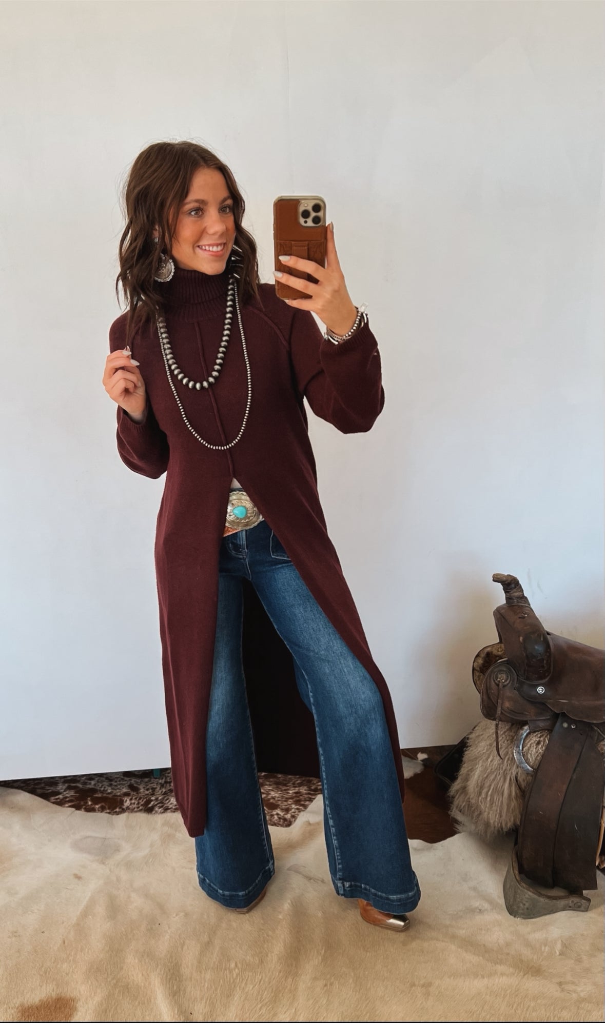 Turtle Neck Sweater Dress With Slit (Merlot) Tops - Sweaters