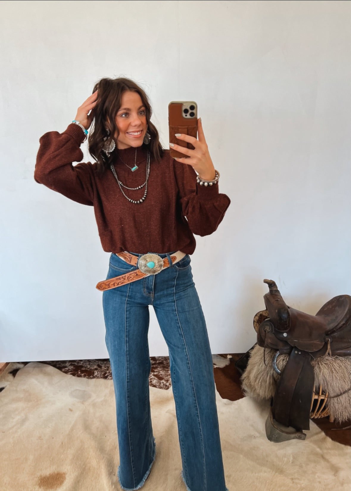 Mock Neck Balloon Sleeve Sweater Top (Pecan)