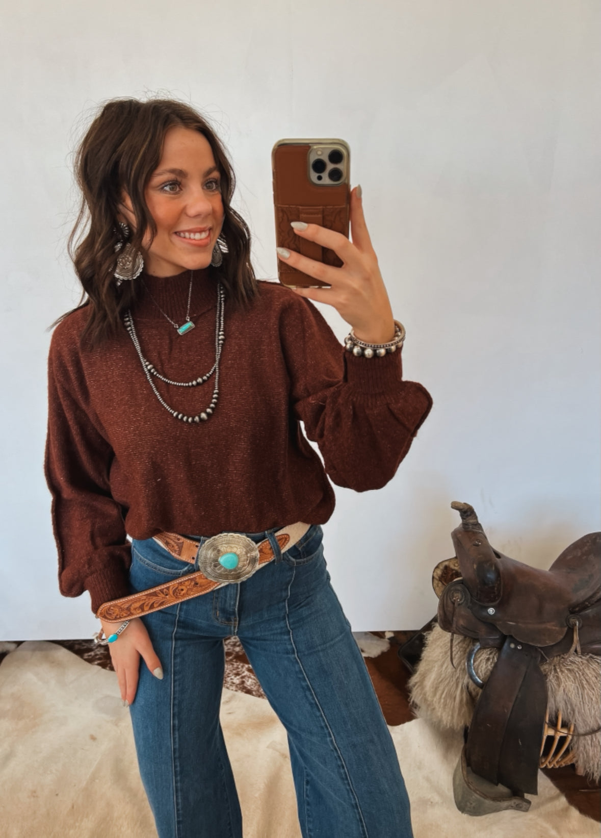 Mock Neck Balloon Sleeve Sweater Top (Pecan)