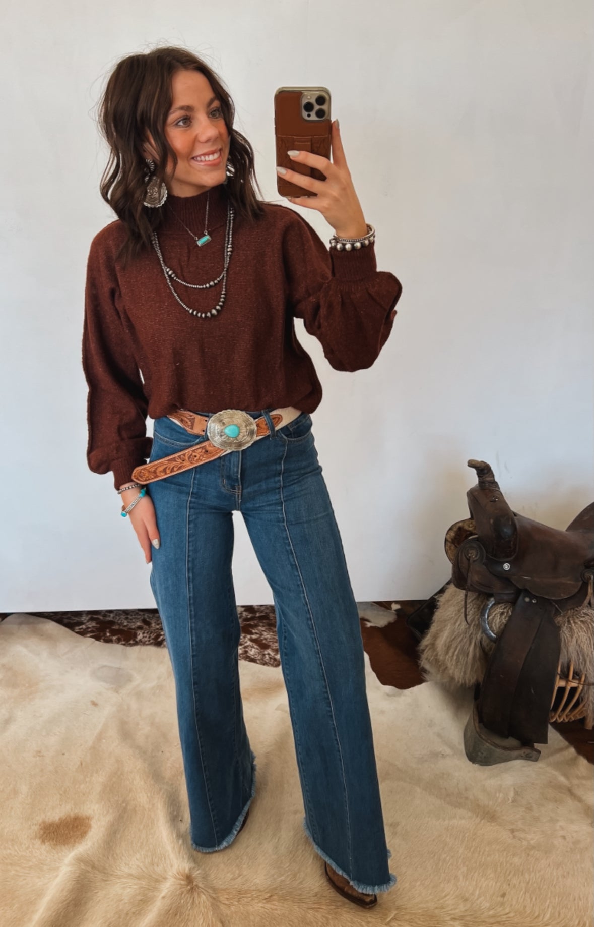 Mock Neck Balloon Sleeve Sweater Top (Pecan)