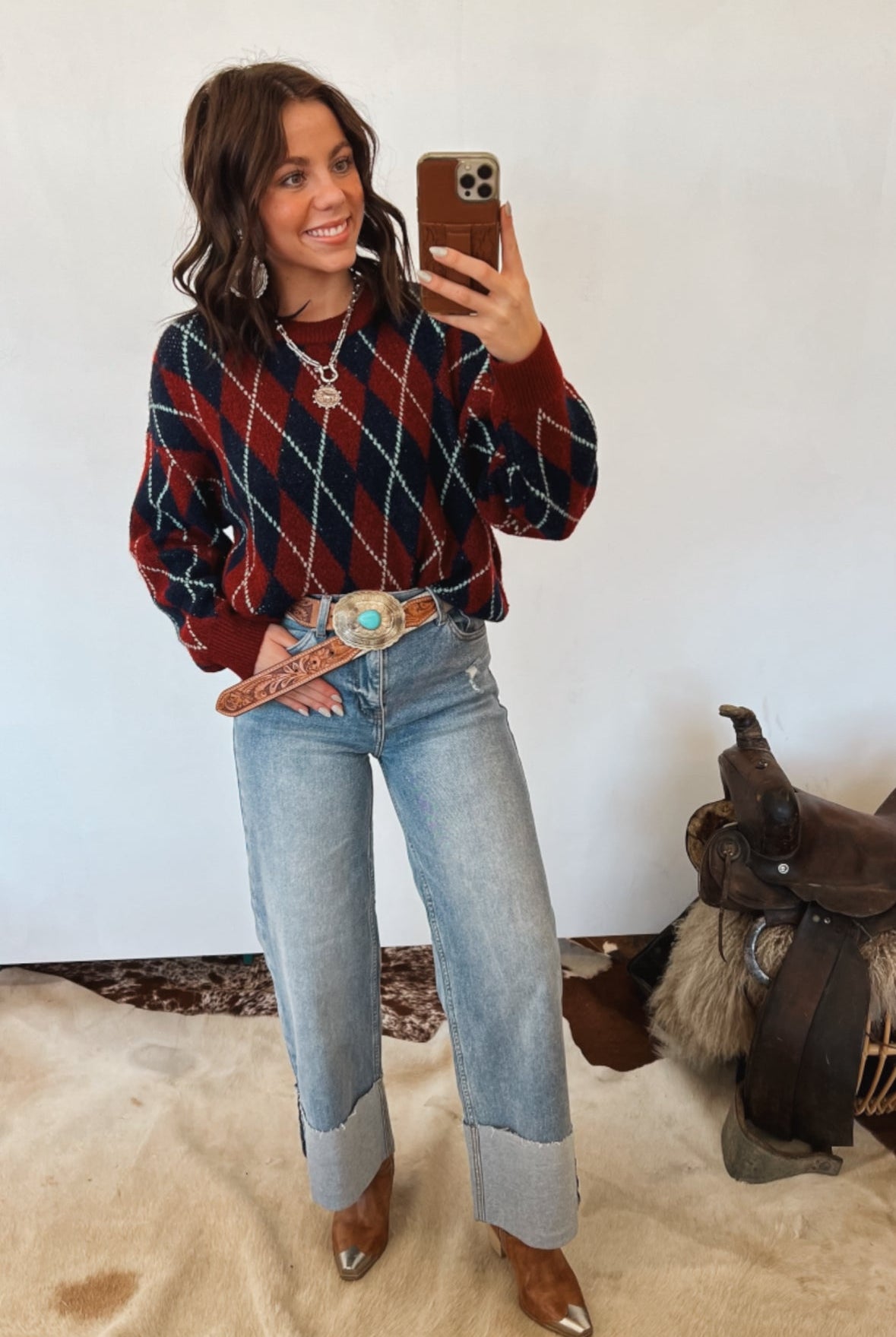 Checkered Crew Sweater (Navy/Burgandy) Tops - Sweaters