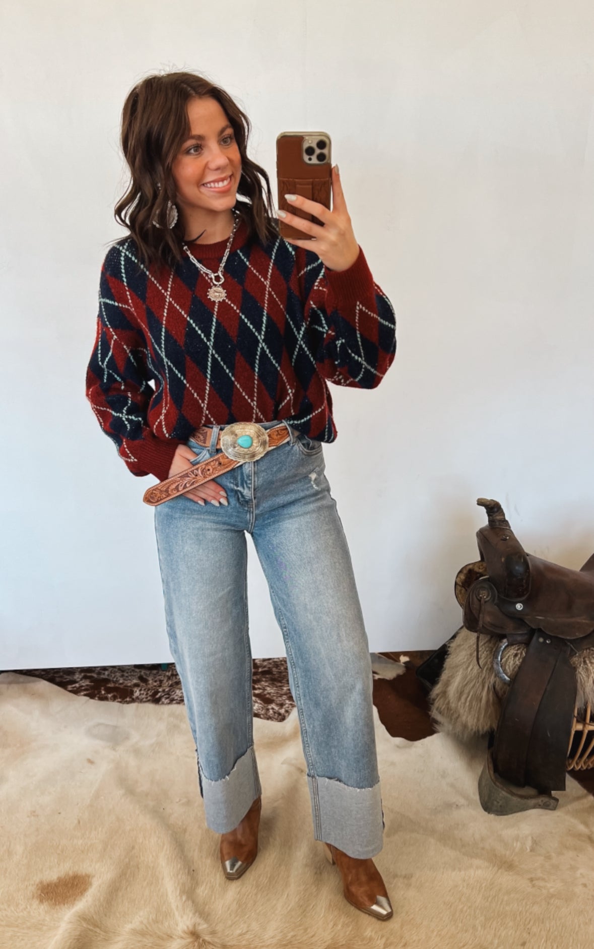 Checkered Crew Sweater (Navy/Burgandy) Tops - Sweaters
