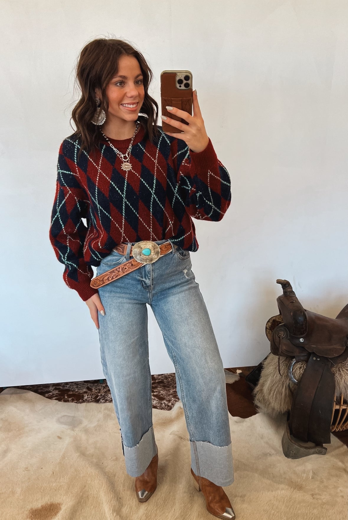 Checkered Crew Sweater (Navy/Burgandy) Tops - Sweaters