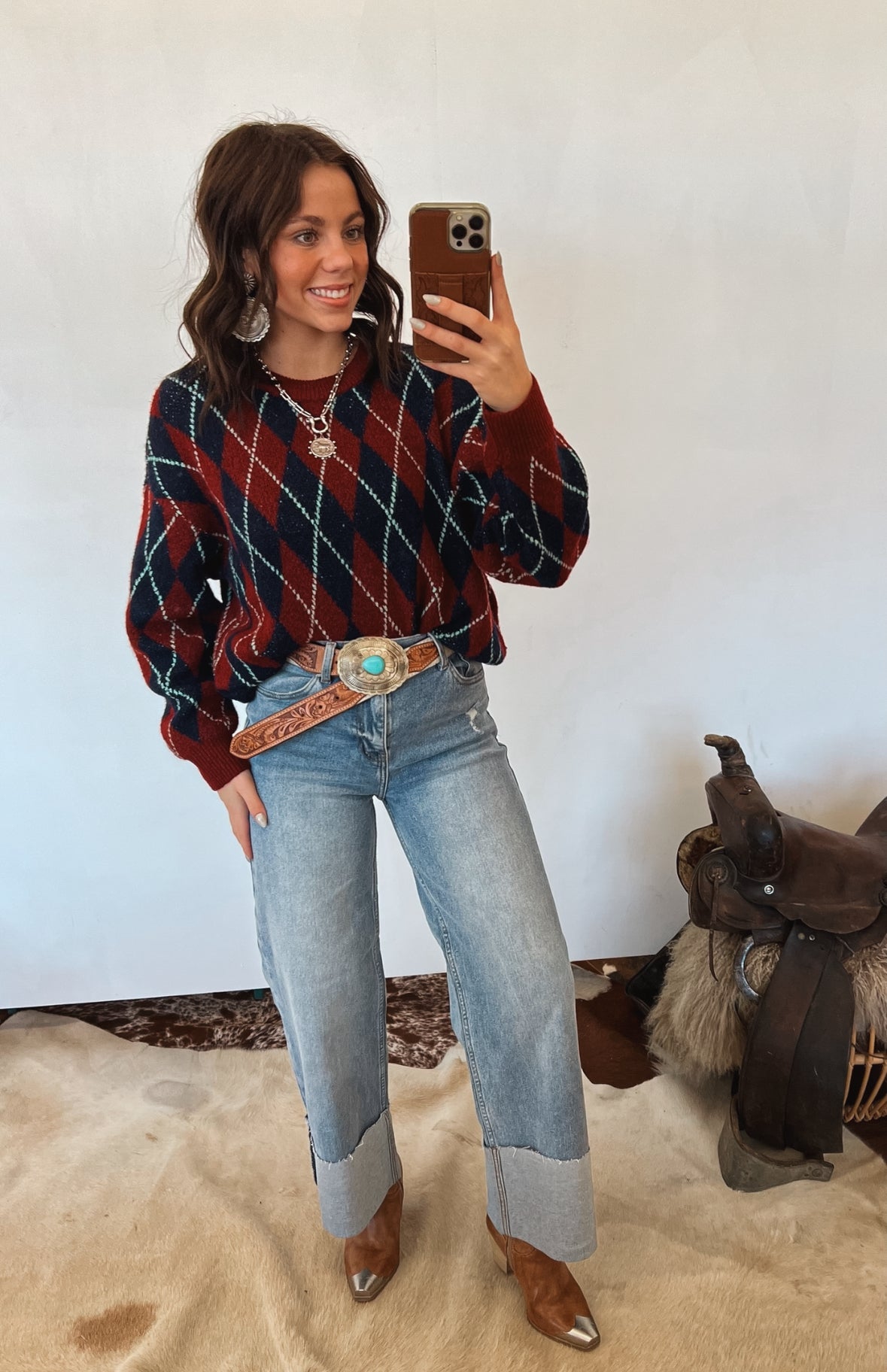 Checkered Crew Sweater (Navy/Burgandy) Tops - Sweaters