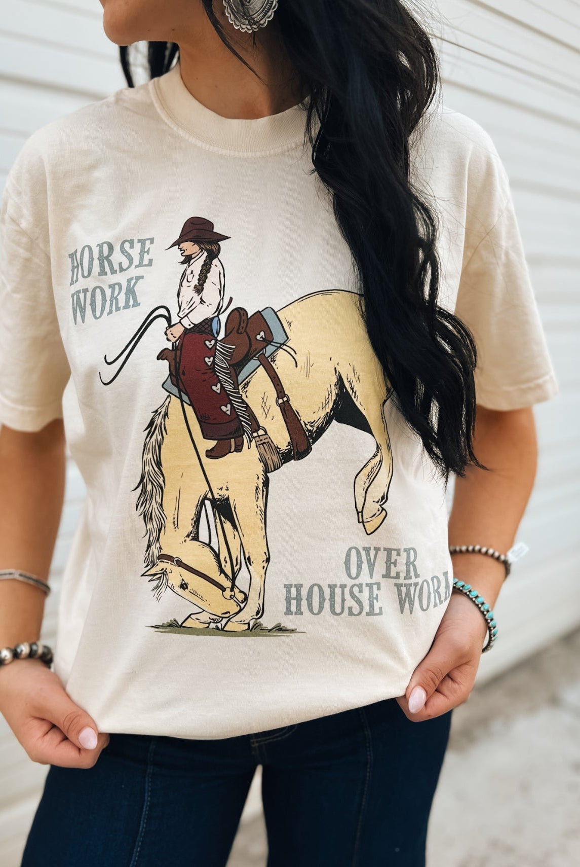 Horse Work Over House Tee- Cream