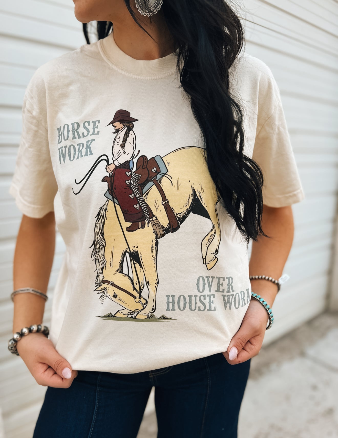 Horse Work Over House Tee- Cream
