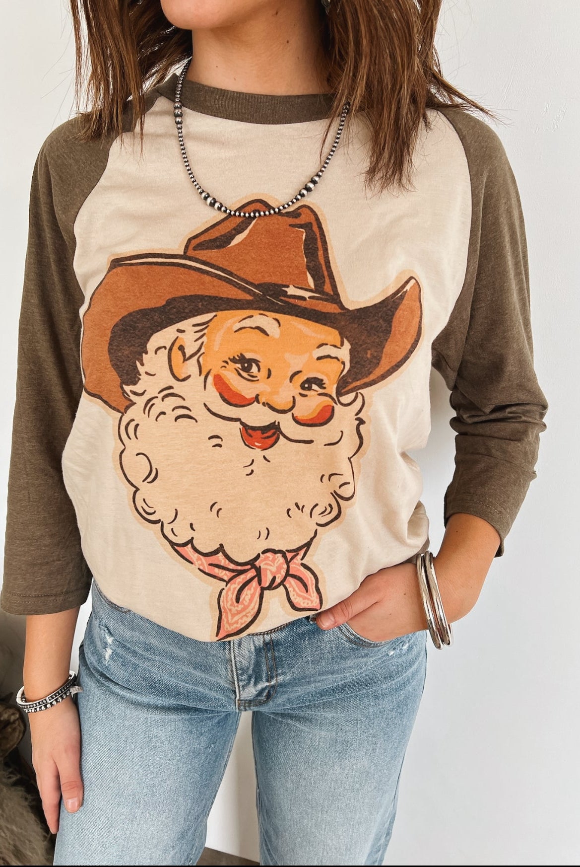 Cowboy Santa Vintage Raglan Tee — Brown Sleeves