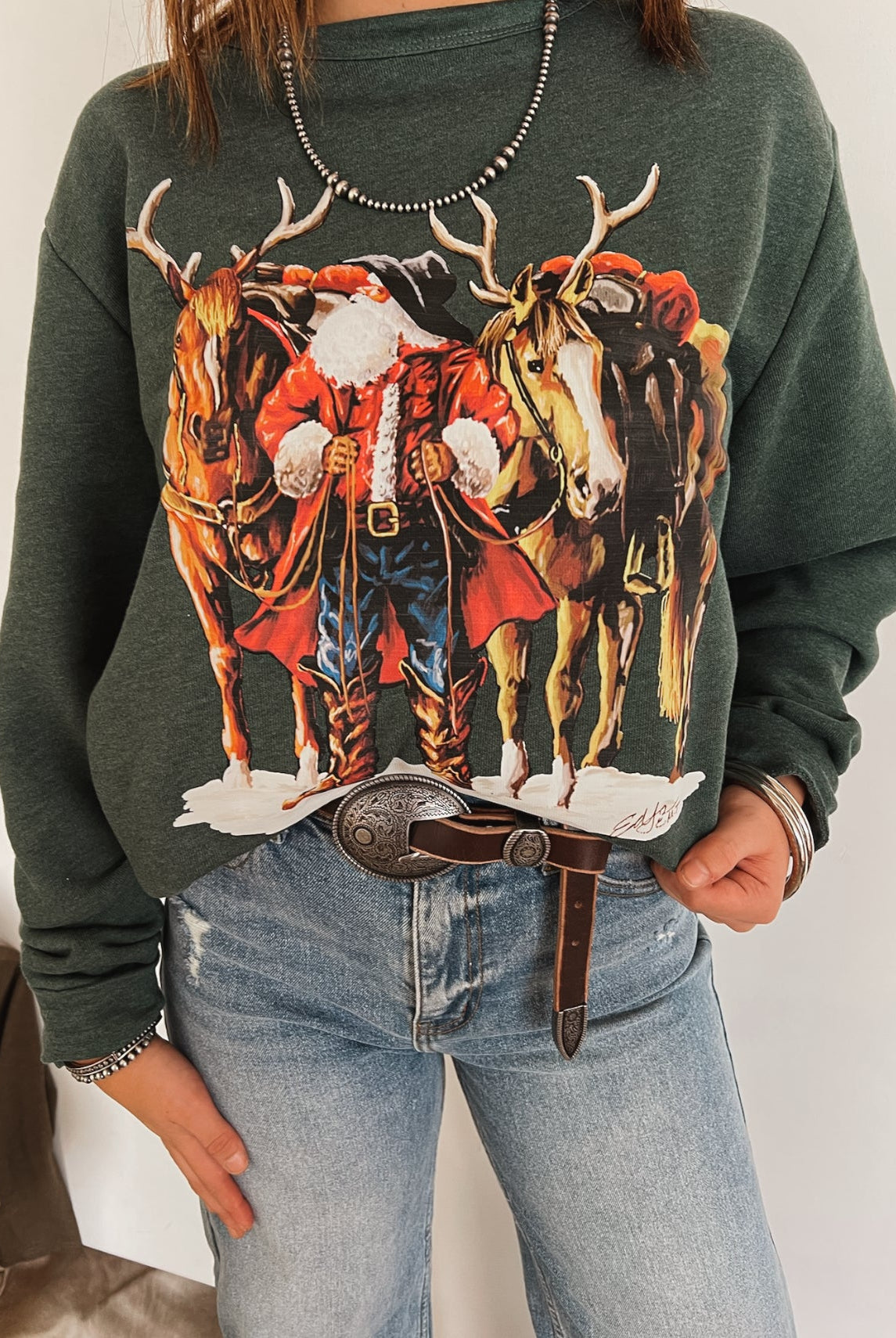 Cowboy Santa & His Reindeer Horses Tee or Sweatshirt (Heather Green)