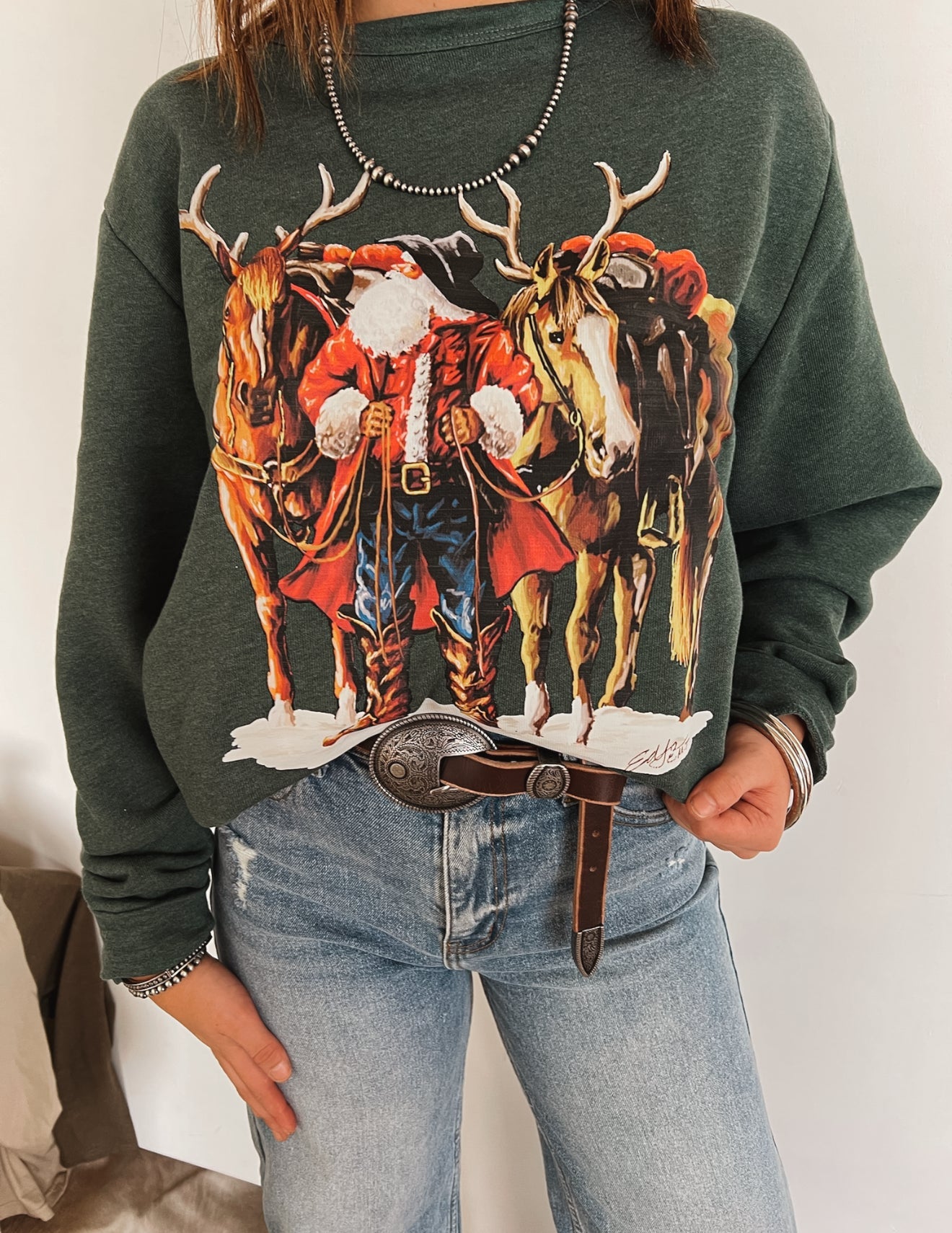 Cowboy Santa & His Reindeer Horses Tee or Sweatshirt (Heather Green)