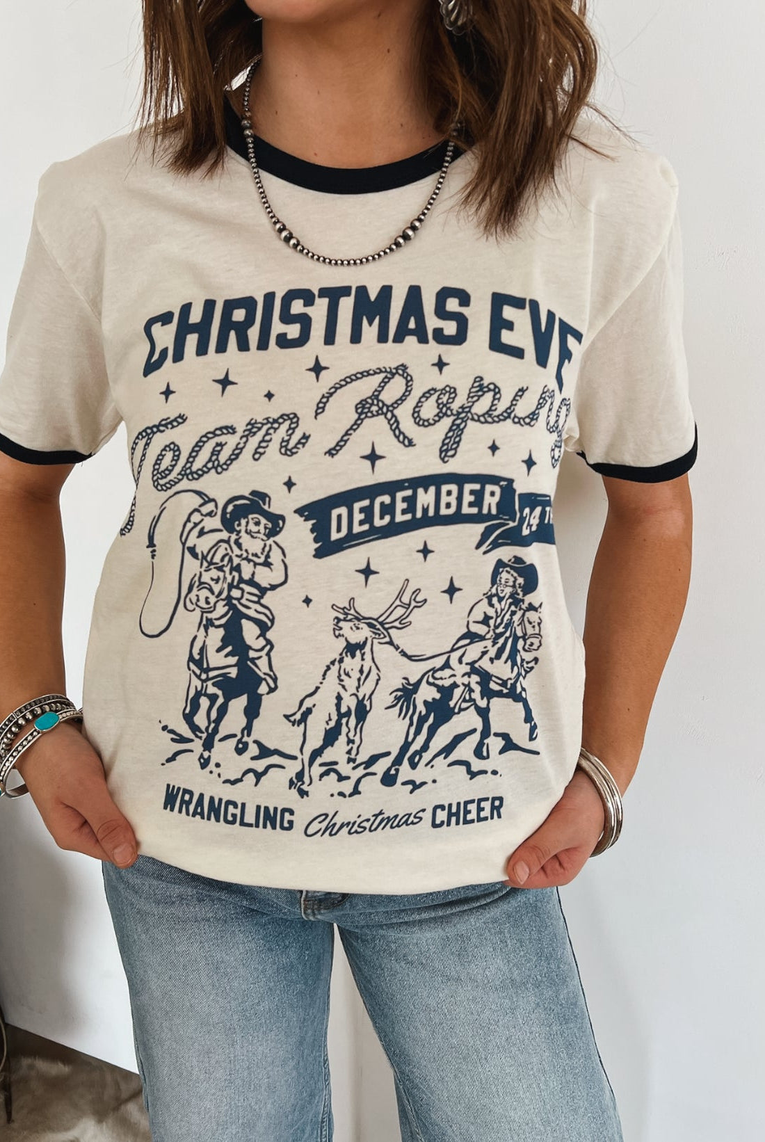 Christmas Eve Team Roping Ringer Tee (Navy)