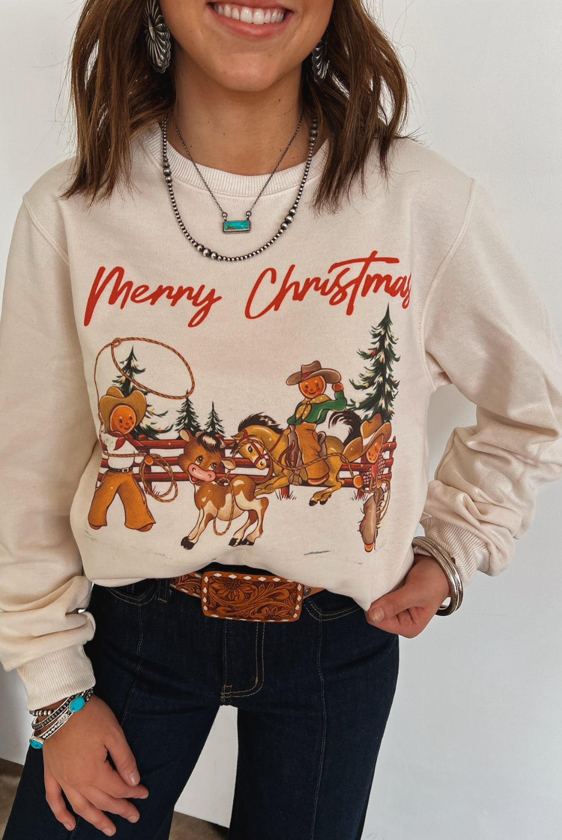 Western Gingerbread Merry ChristmasSweatshirt or Tee (Cream)