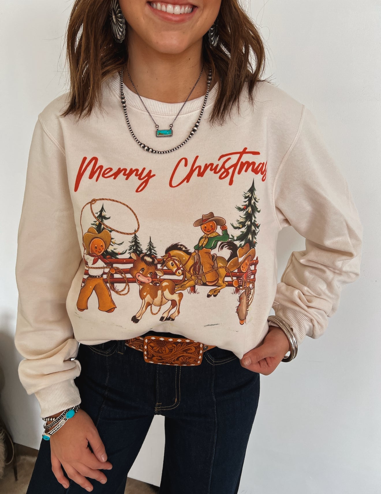 Western Gingerbread Merry ChristmasSweatshirt or Tee (Cream)