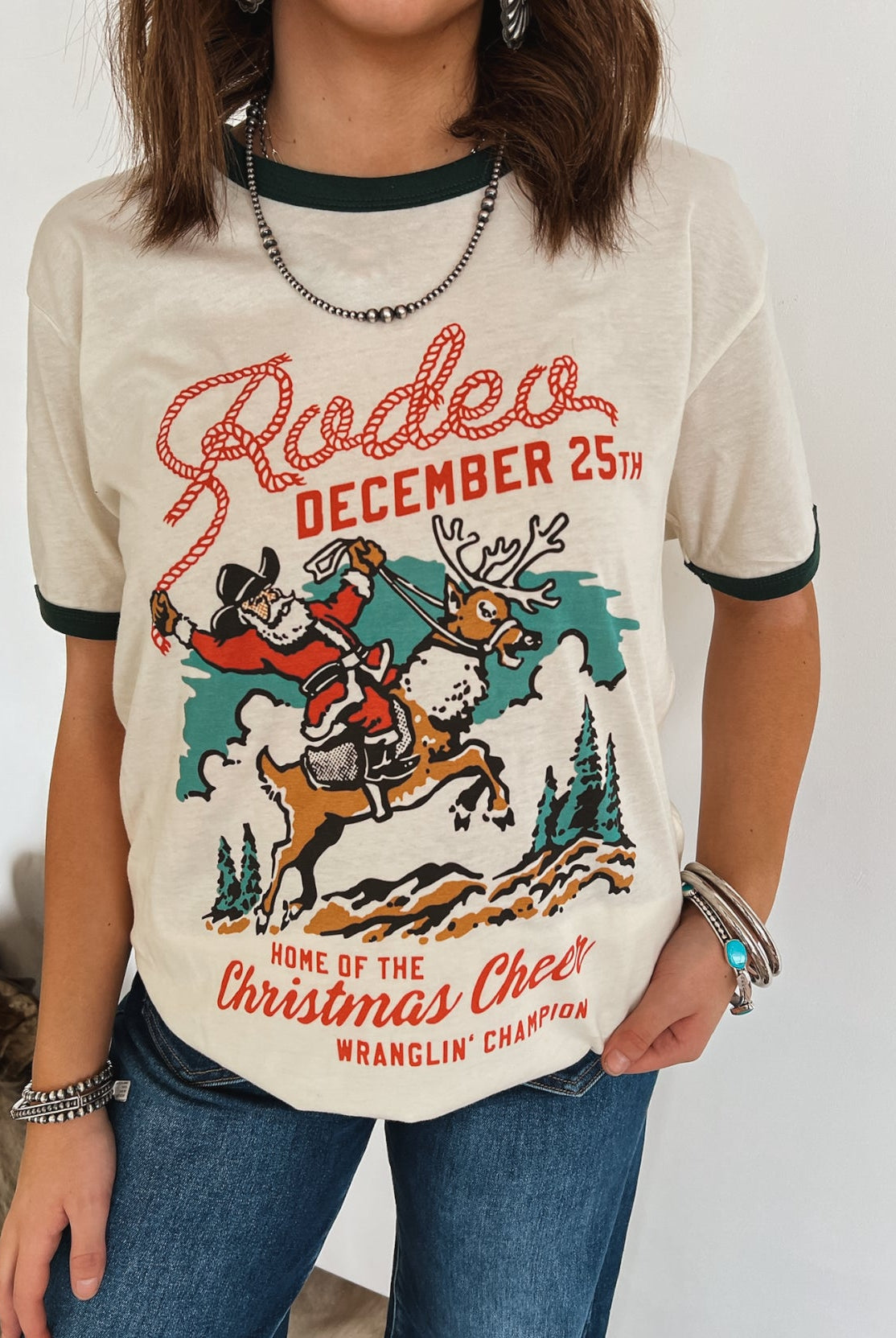Rodeo Christmas Cheer Ringer Tee (Forest Green)