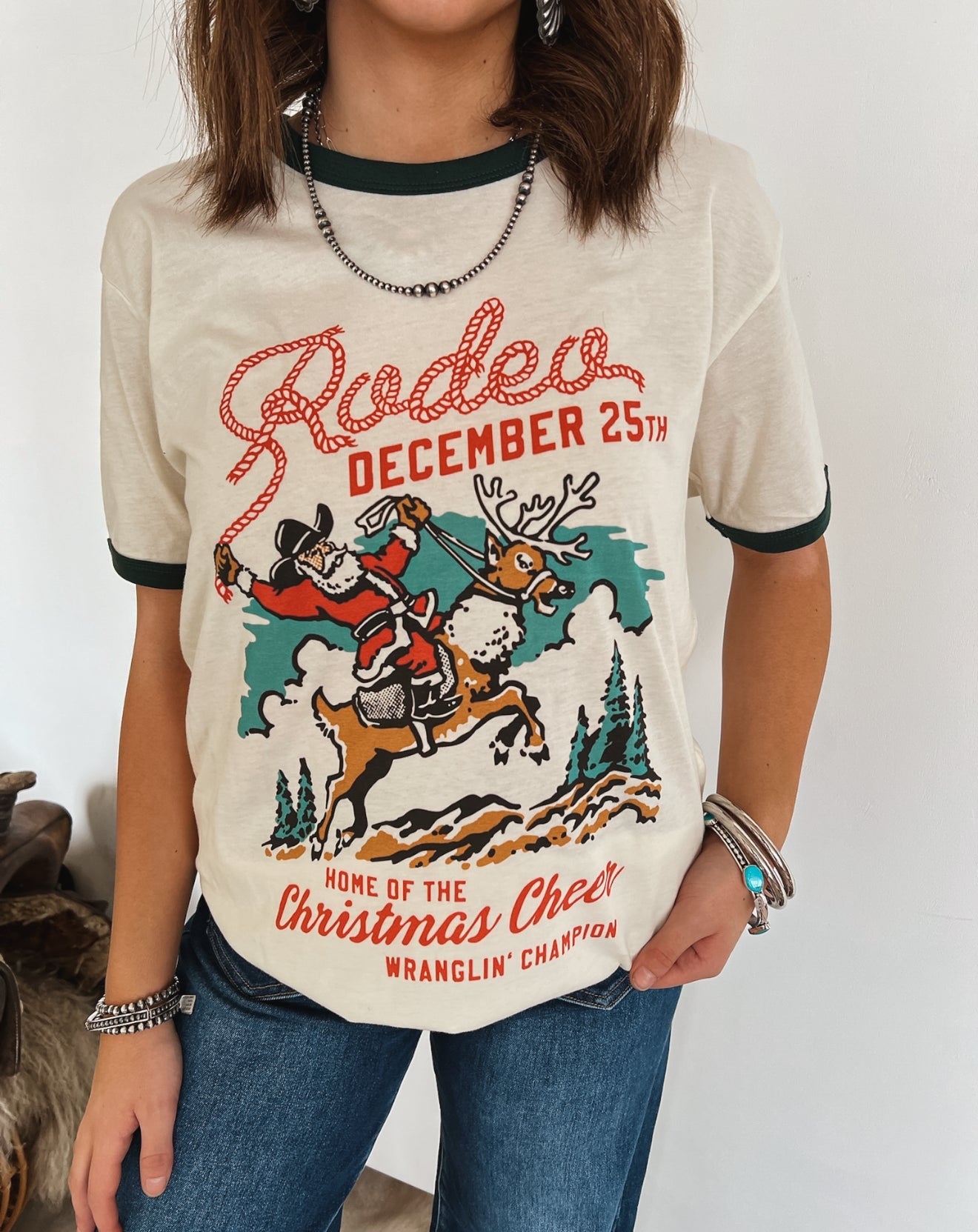 Rodeo Christmas Cheer Ringer Tee (Forest Green)